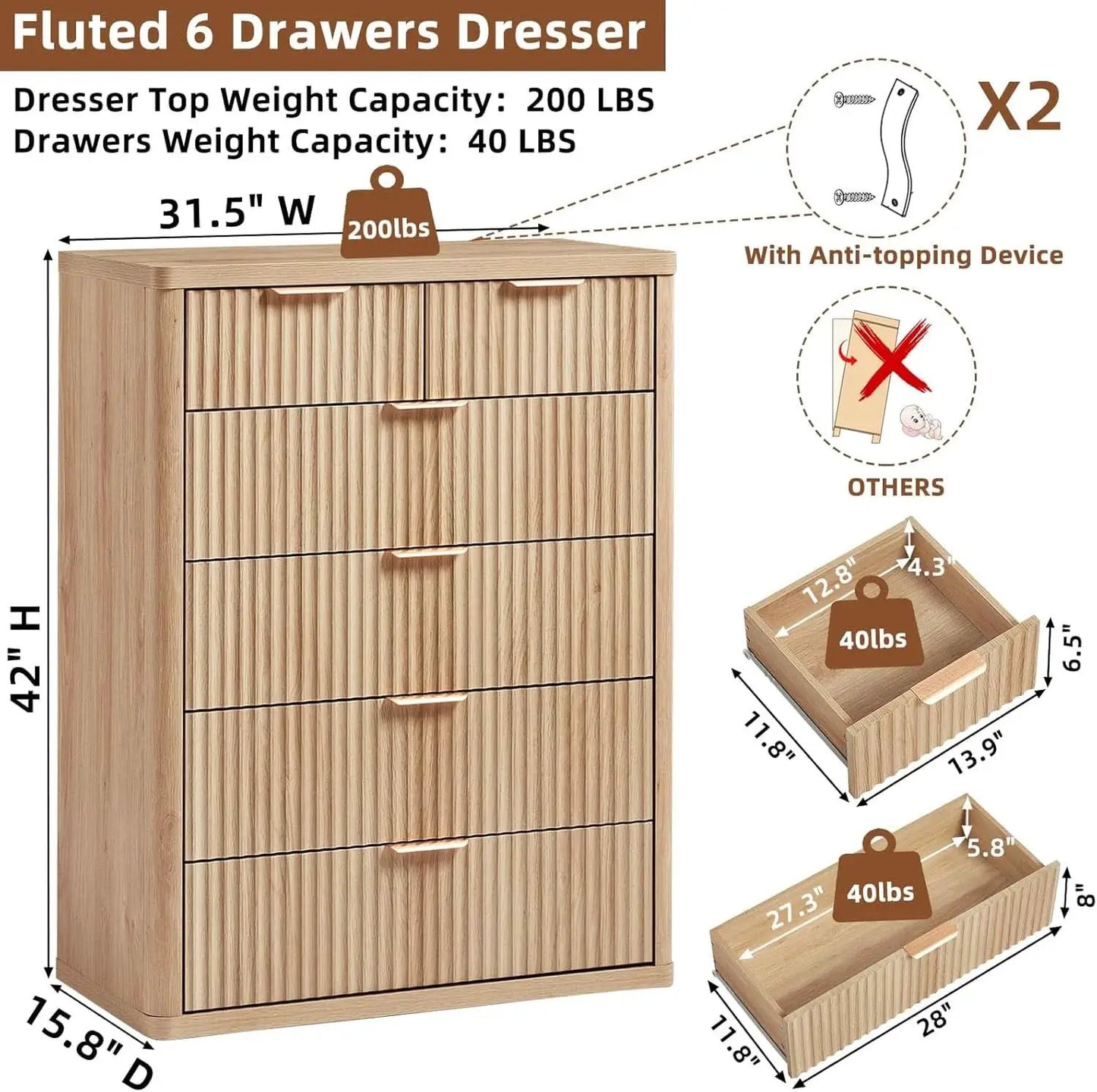 Distressed Fluted Dresser Featuring Six Drawers 42Inch from PriceLows™