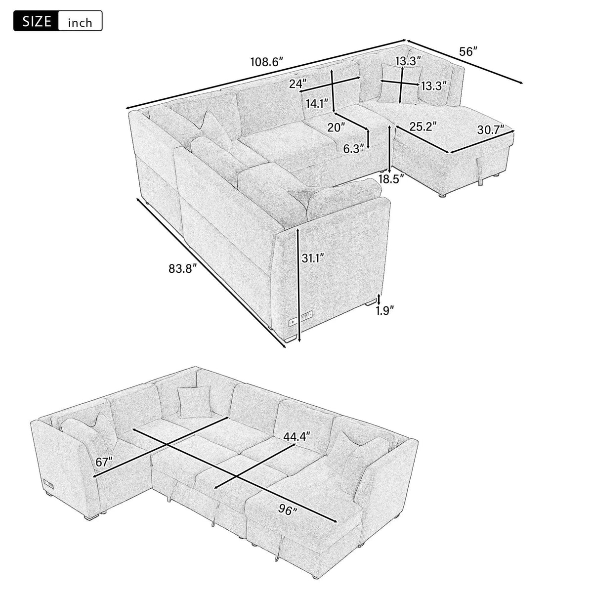 U-Shaped Sectional Sofa Pull Out Sofa Bed With Two USB Ports, Two Power Sockets | 3 Pieces | Fabric | Bedroom
