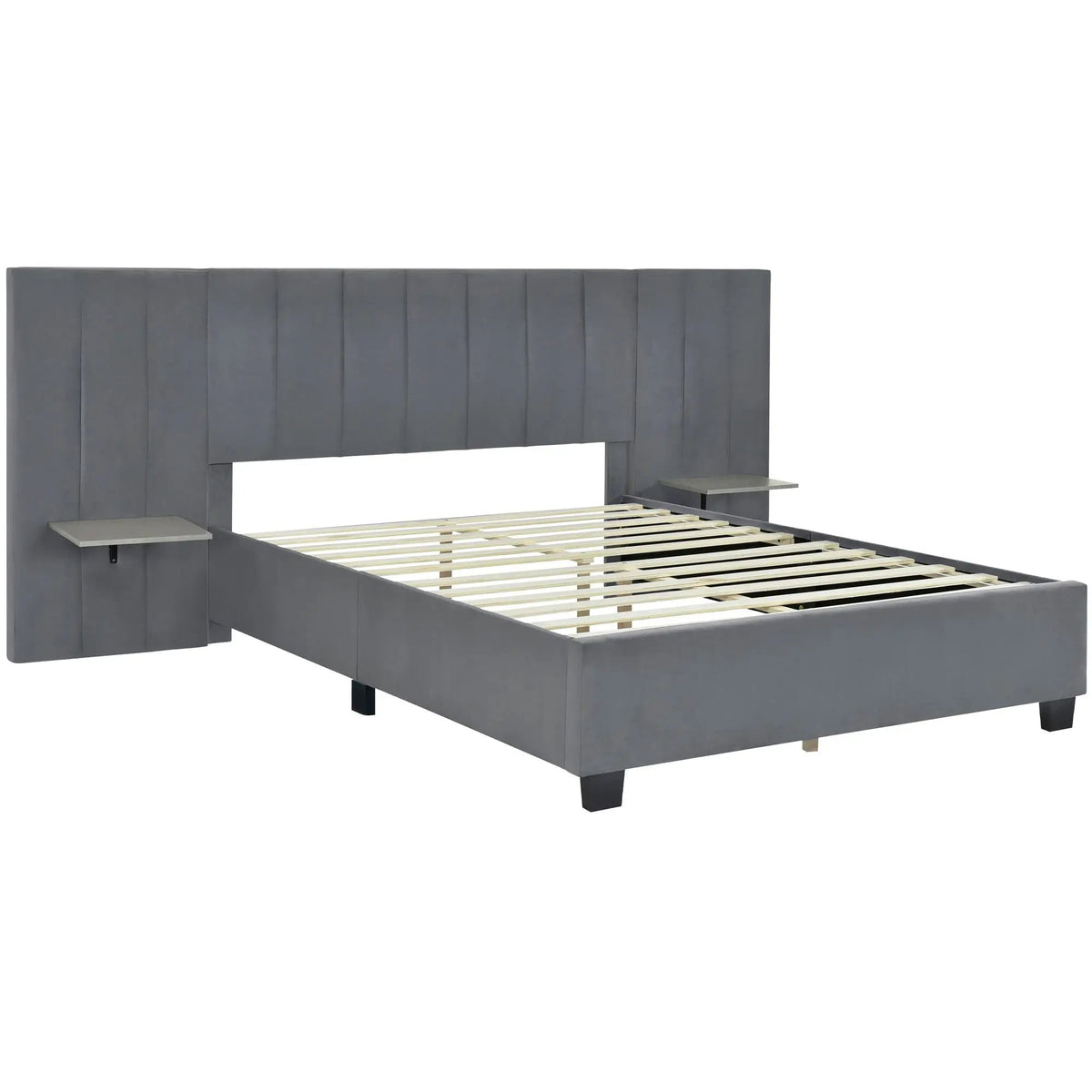 Upholstered Platform Bed | Oversized Ultra-Soft Headboard | Integrated Side Shelves | 111.8 Inch Length