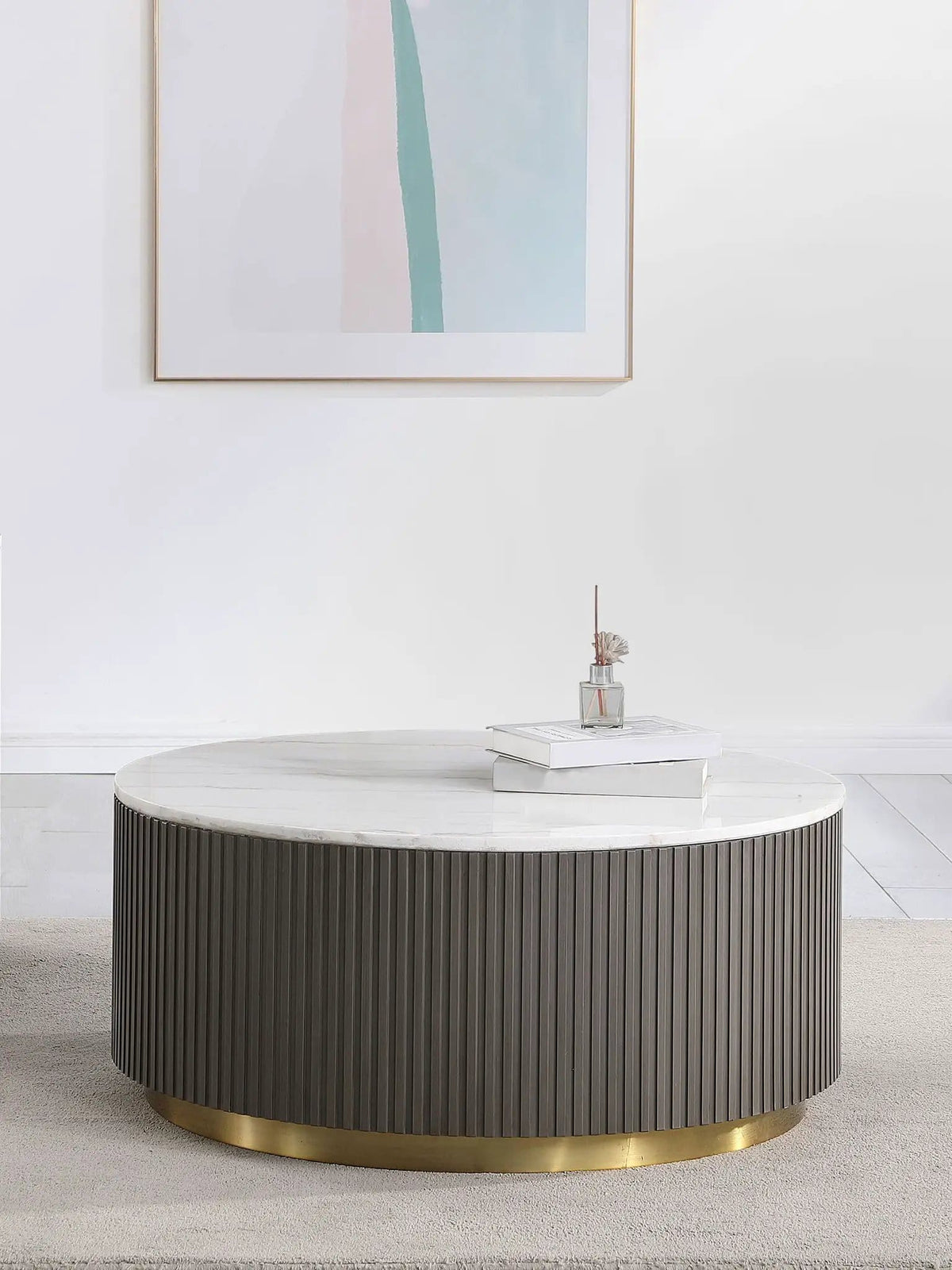 Jason Round White Marble Top Coffee Table | 35 x 35 x 15.5 in | Engineered Wood & Marble | Charcoal