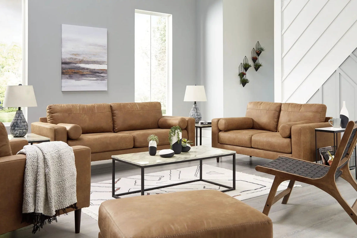 Living Room Set | Caramel Faux Leather | Retro Contemporary Style | Small Scale