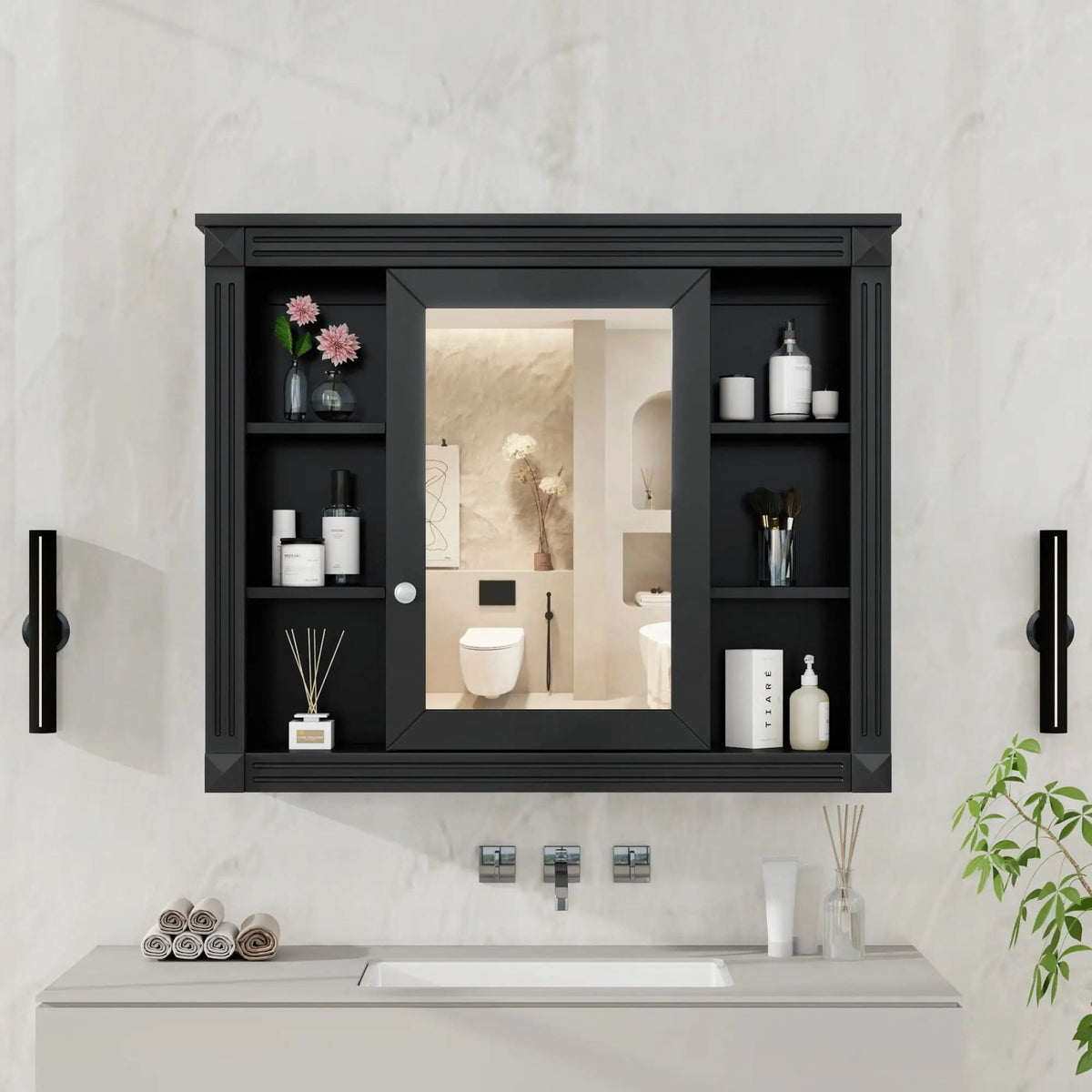 Wall-Mounted Bathroom Storage Cabinet With Mirror, 6 Open Shelves - | 35 x 7.1 x 28.7 in | Metal & Mdf | Black