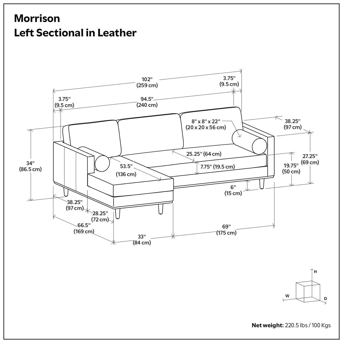 Morrison Upholstered Sectional Sofa | Genuine Aniline Leather | Chaise Cushions | 102.2 Inch Length