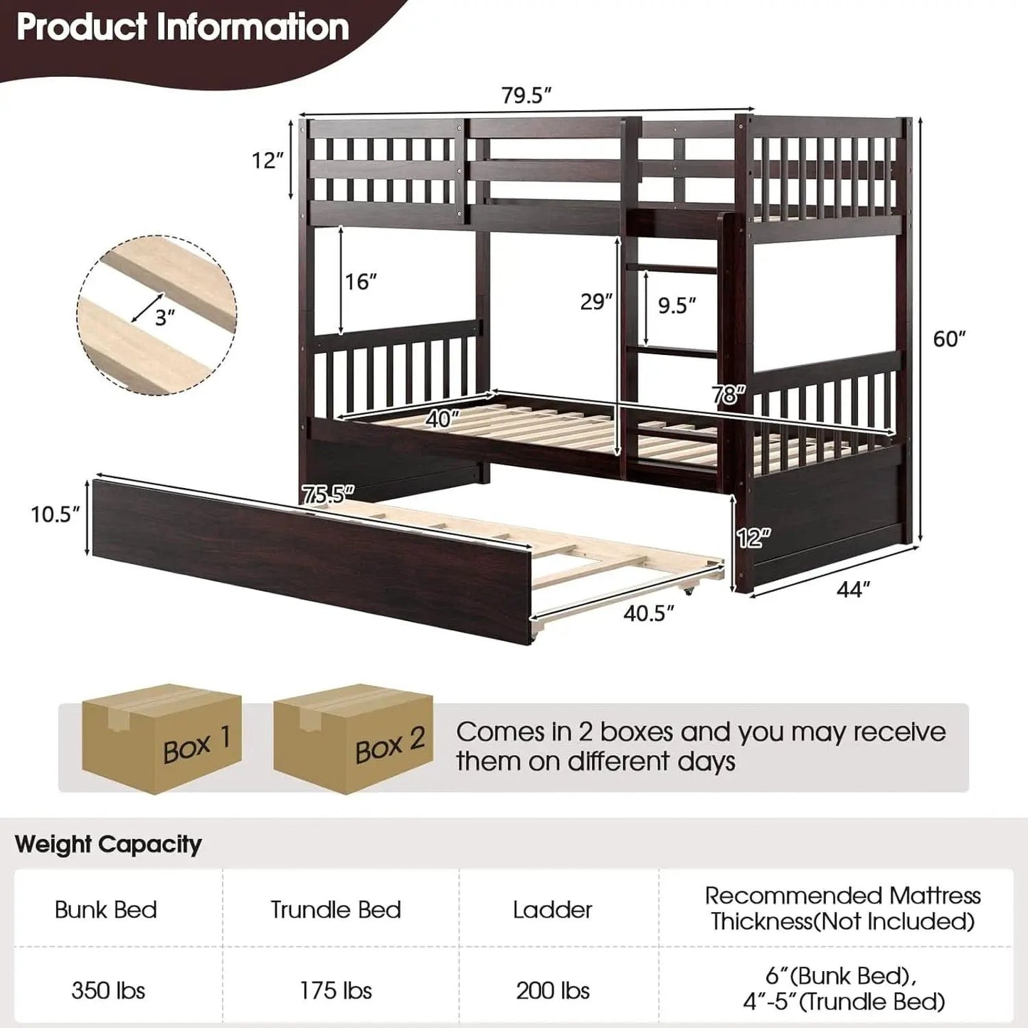 Twin Over Twin Bunk Bed With Trundle In Espresso Solid Wood from PriceLows™