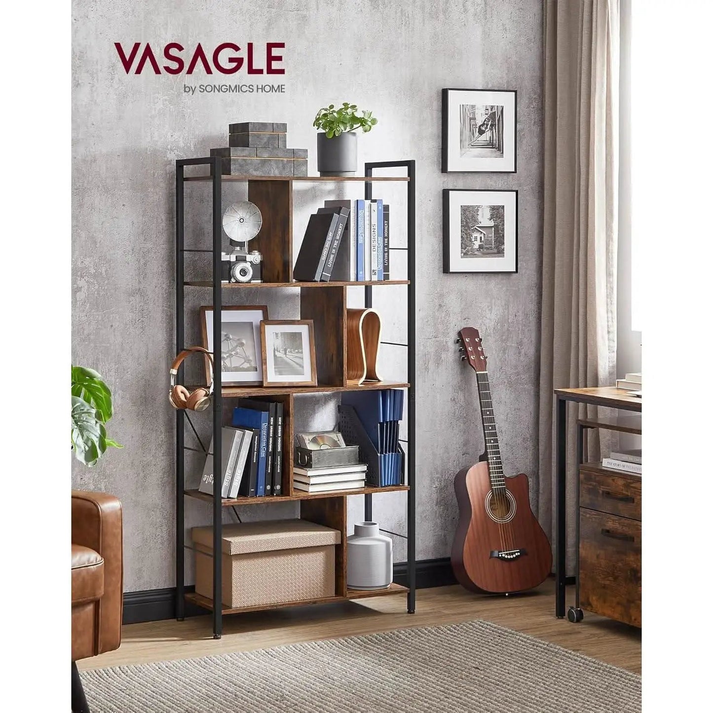 5 Tier Bookshelf Rustic Brown And Black Metal Frame from PriceLows™