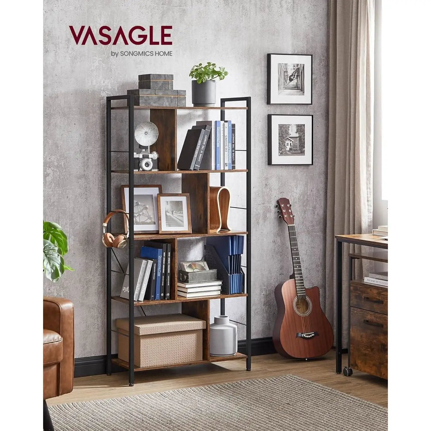 5 Tier Bookshelf Rustic Brown And Black Metal Frame from PriceLows™
