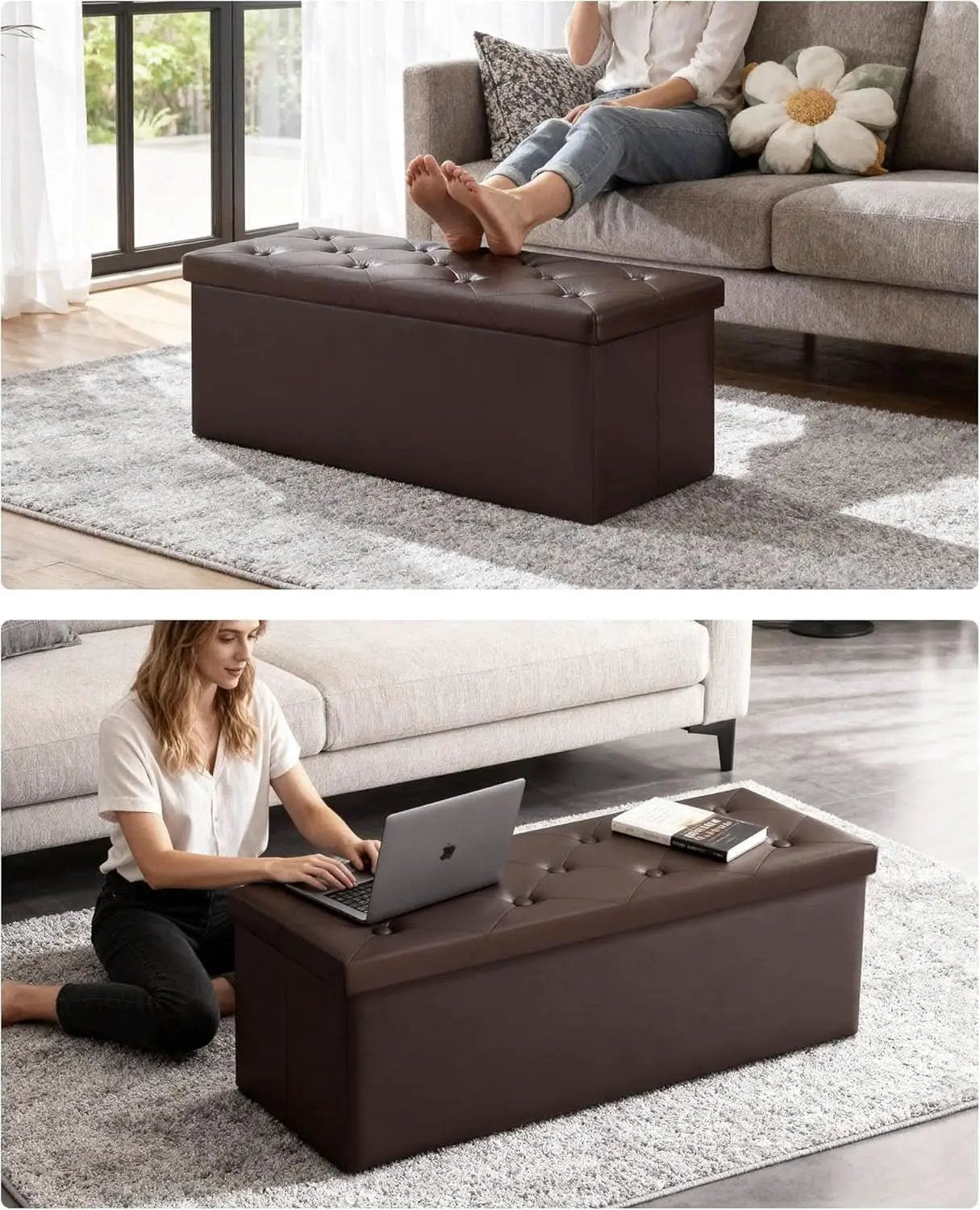 Forty Three Inch Brown Storage Ottoman With Concealed Dividers from PriceLows™