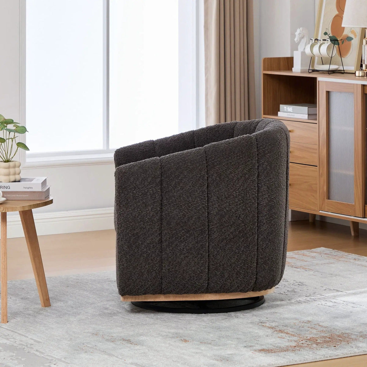 Swivel Upholstered Barrel Chair With Metal Base | Swivel Chair | Fabric & Iron | Home