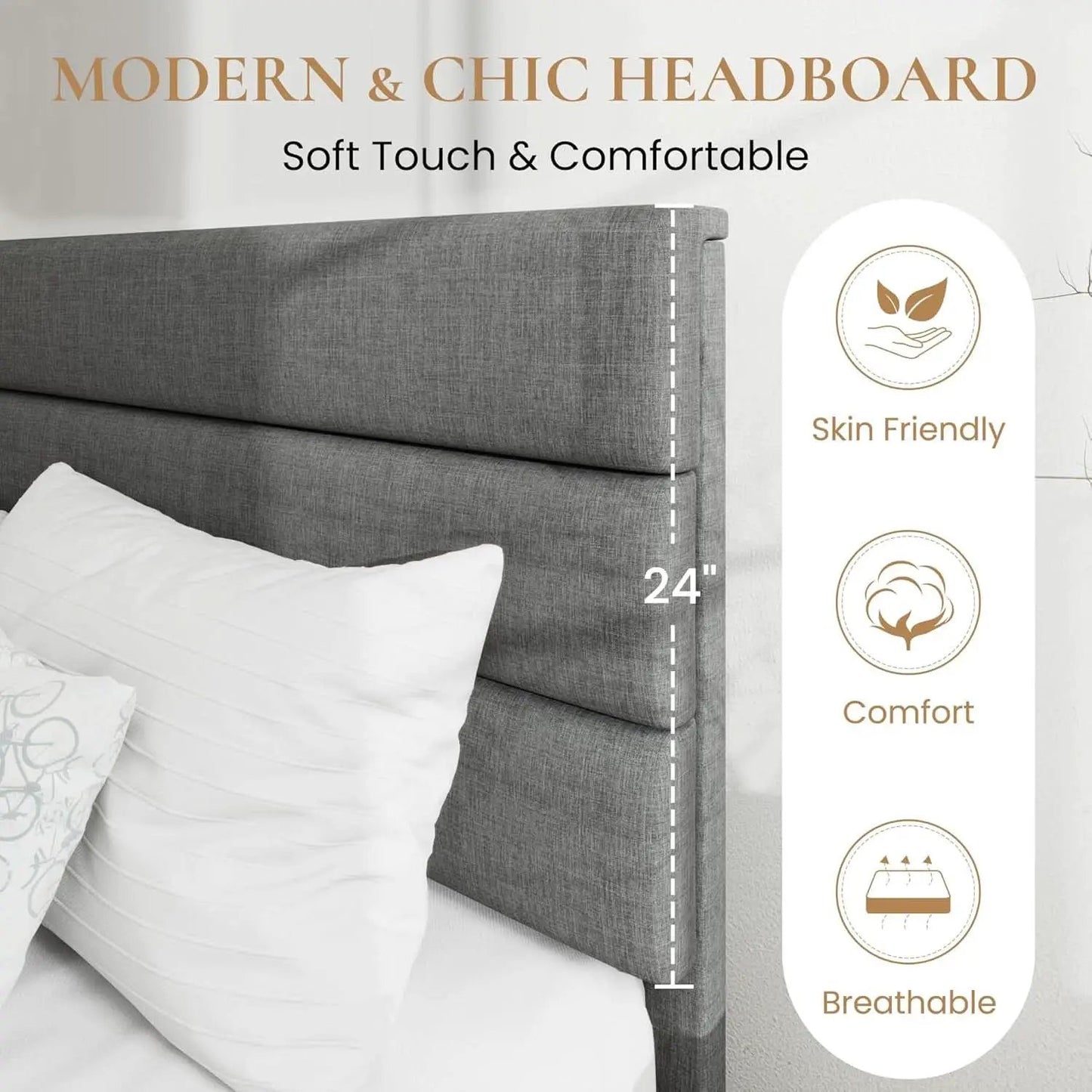Full Size Upholstered Bed Frame With Grey Headboard from PriceLows™
