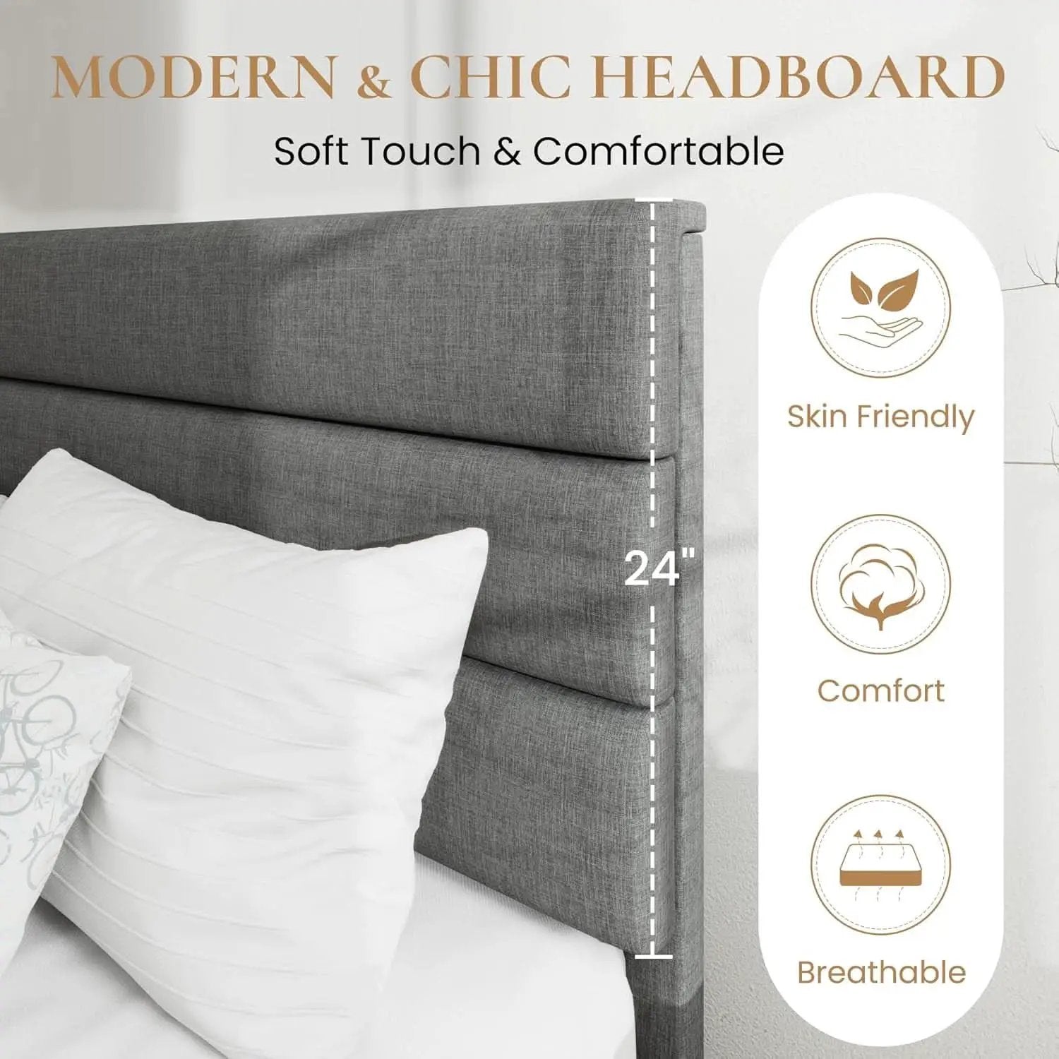 Full Size Upholstered Bed Frame With Grey Headboard from PriceLows™