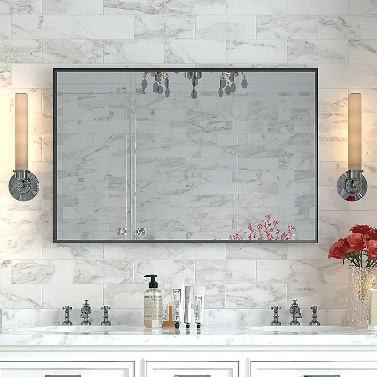 Rectangular Bathroom Mirror | Square Angle Metal Frame | Floating Glass Design | Beveled Edge