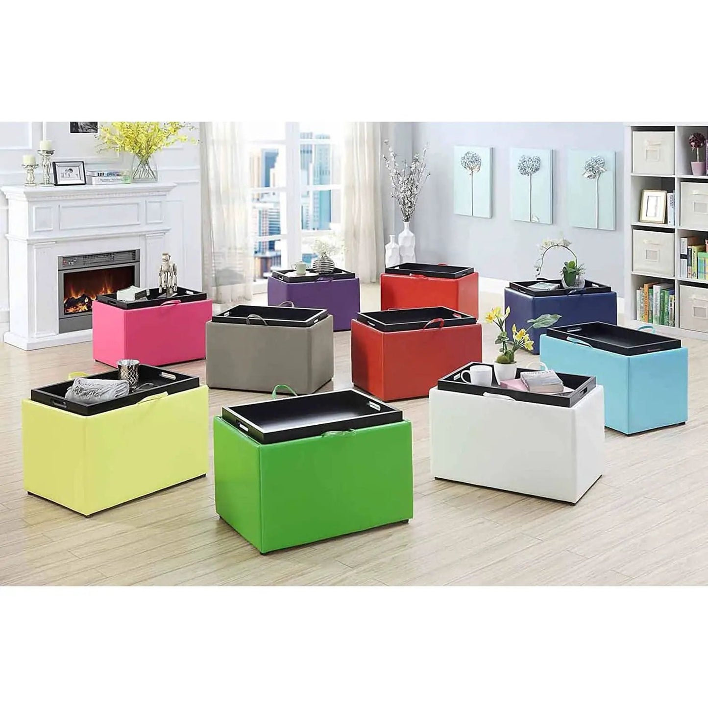 Gray Storage Ottoman With Reversible Tray Top Modern Design from PriceLows™