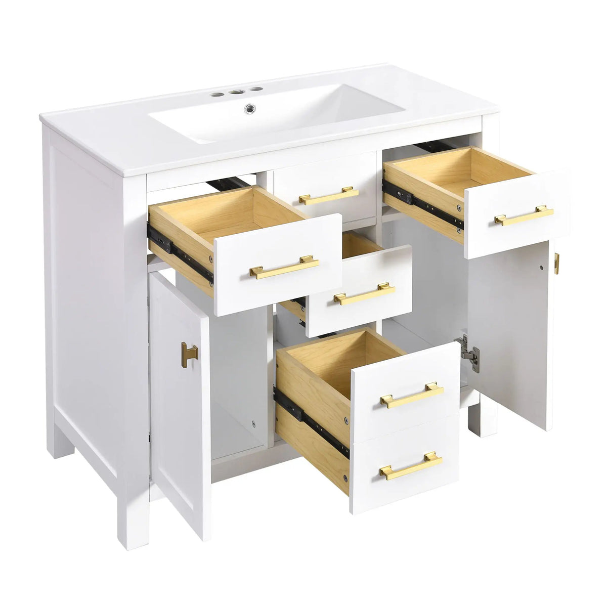 36 Inch Bathroom Vanity | Resin Sink Combo Set | 4 Drawers | Solid Wood Feet