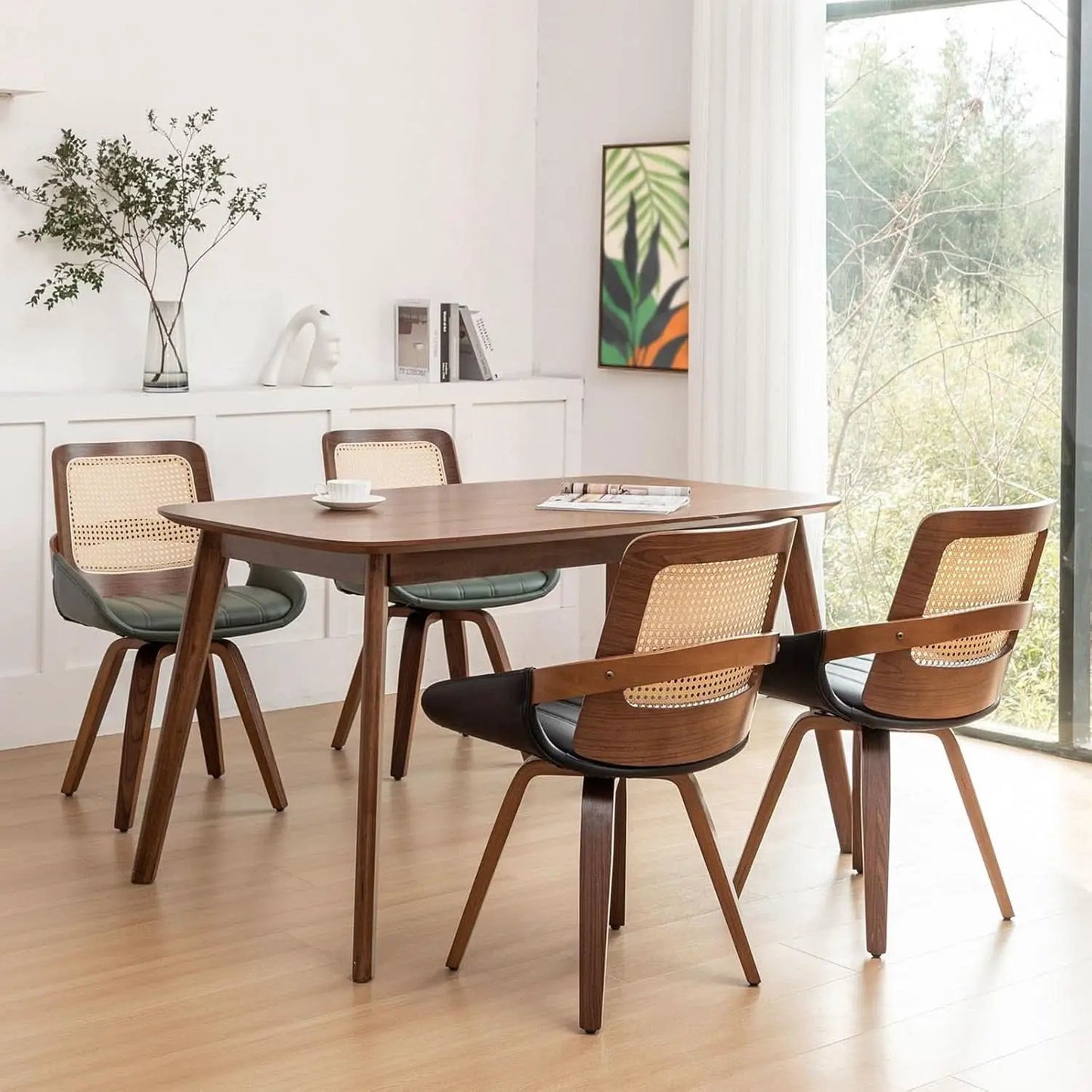 Set Midcentury Green Rattan Bentwood Dining Chairs from PriceLows™