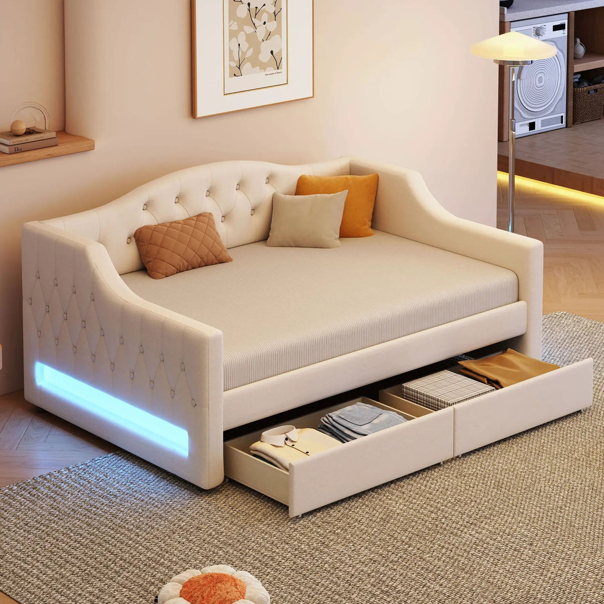 Daybed With LED Lights | Upholstered Trundle Daybed | Thickly Padded Sponge | 84 Inch Length