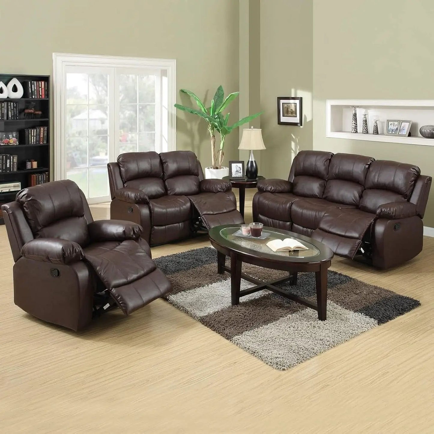 Brown Leather 3 Piece Recliner Sofa Living Room Set from PriceLows™