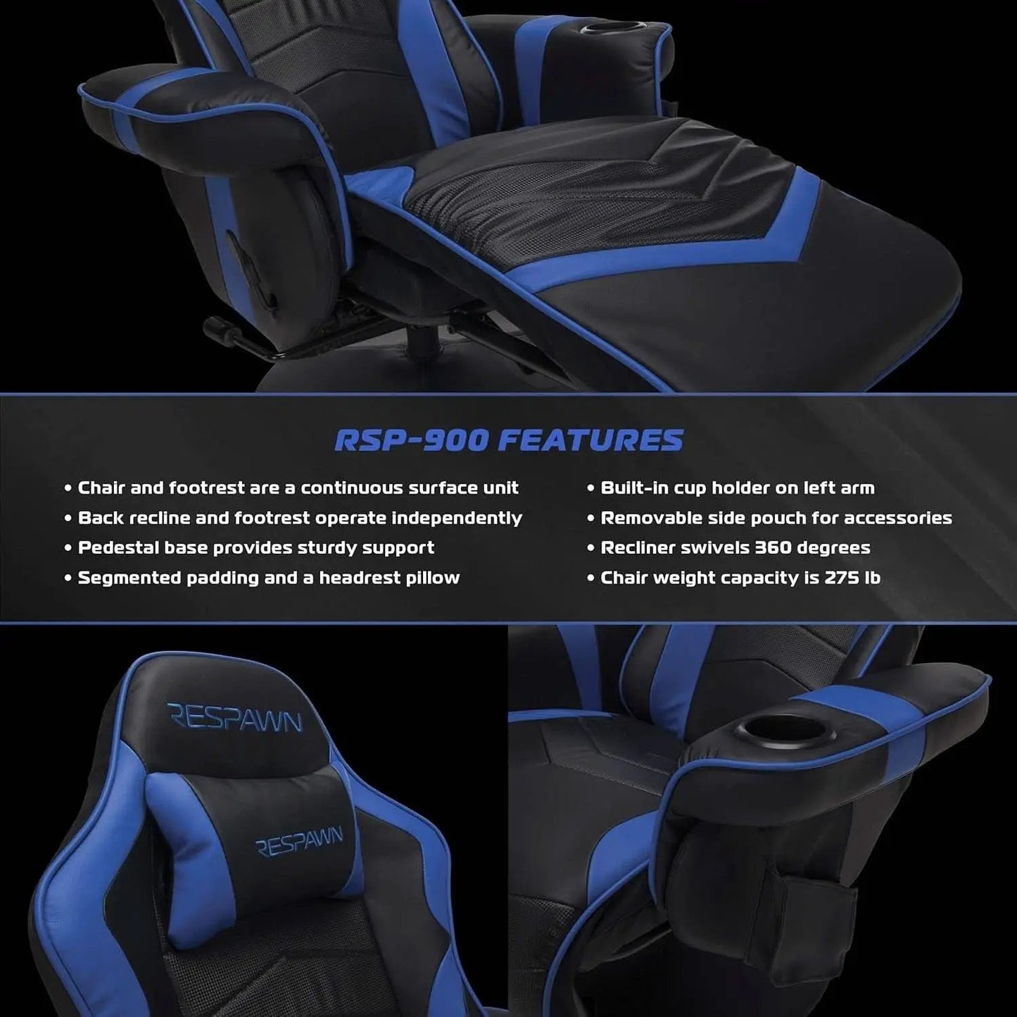 Blue 900 Gaming Recliner With Adjustable Leg Rest Cupholder from PriceLows™