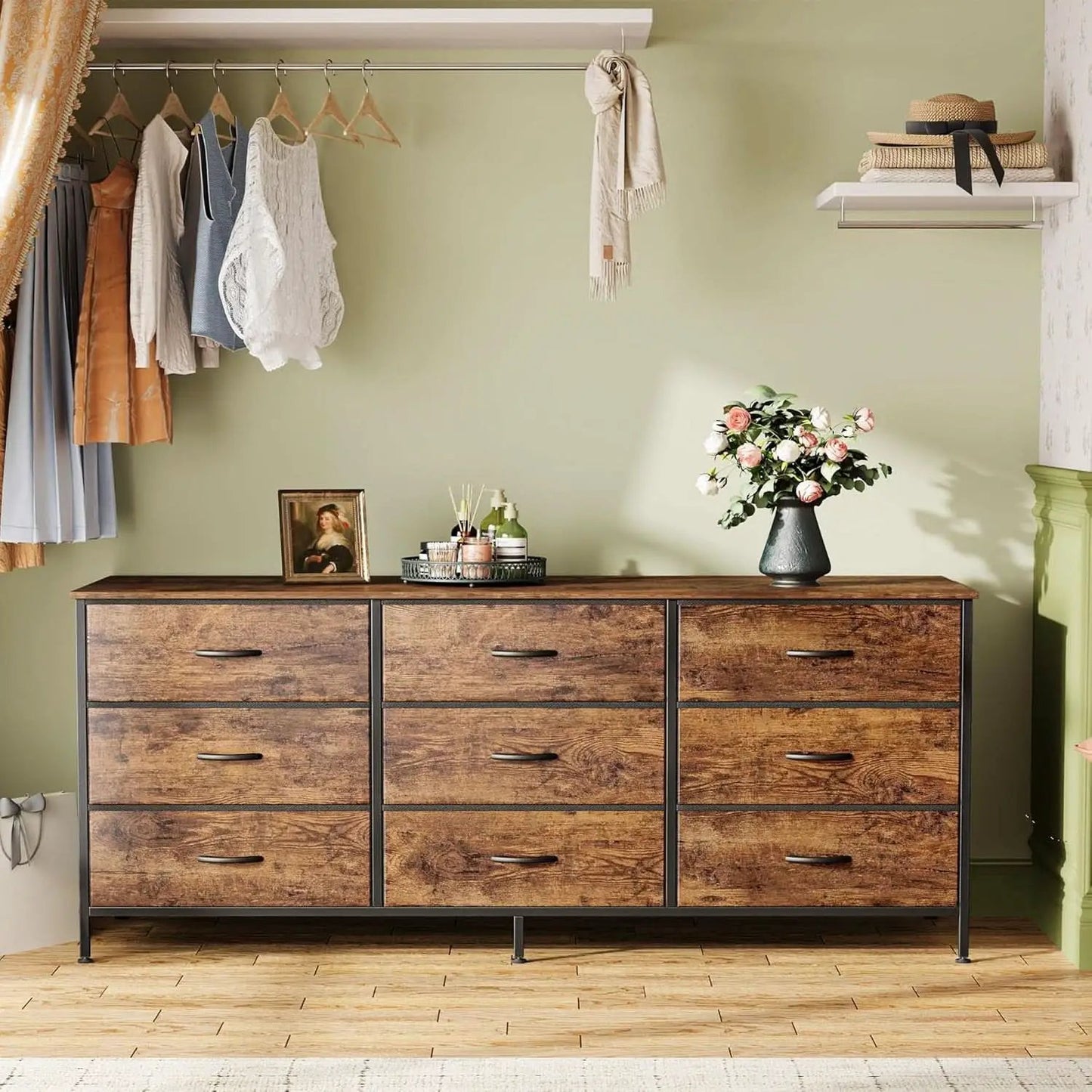 55 Inch Dresser TV Stand With 9 Fabric Drawers Rustic Brown from PriceLows™