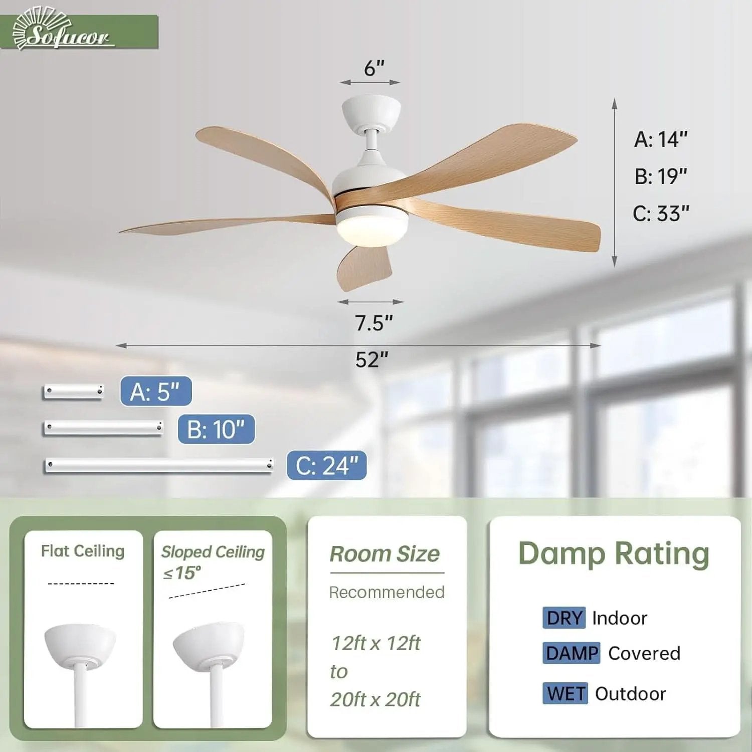 52 Inch Outdoor Ceiling Fan With Dimmable LED Light Remote from PriceLows™