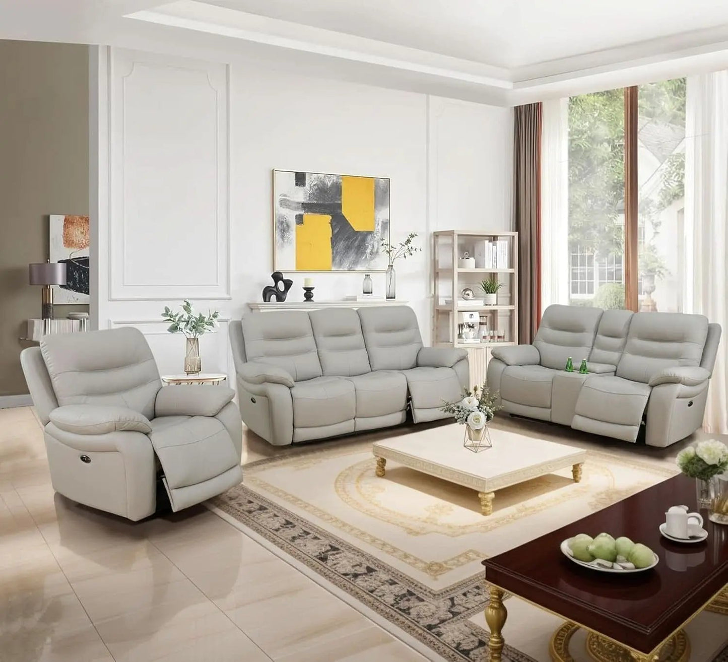 Genuine Leather Power Recliner Sofa Set 3 Piece Light Grey from PriceLows™