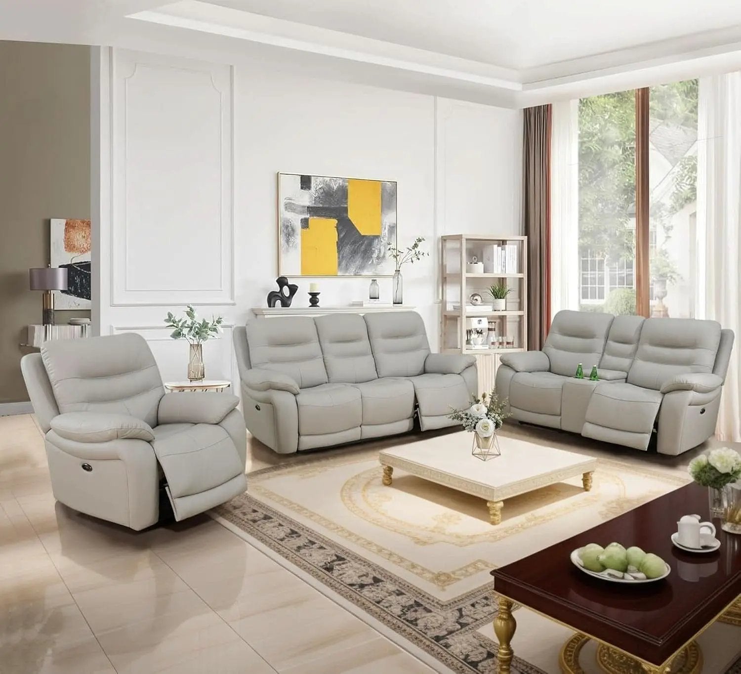 Genuine Leather Power Recliner Sofa Set 3 Piece Light Grey from PriceLows™