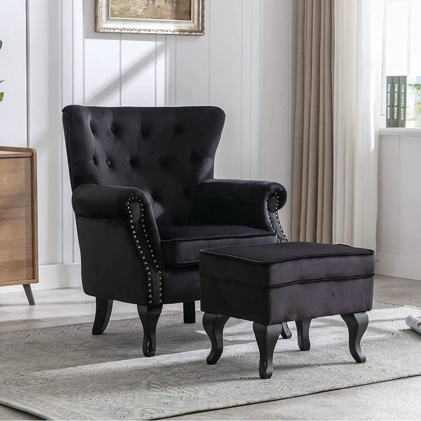 Elegant Black Velvet Wingback Chair With Ottoman Set from PriceLows™
