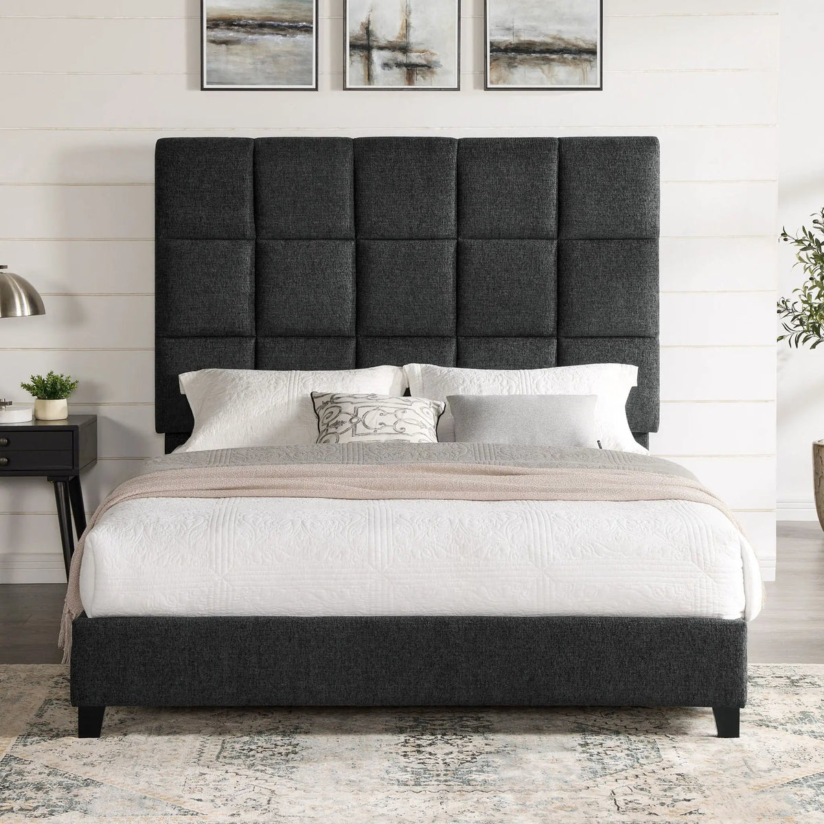 Squares Upholstered Headboard Platform Bed | Laminated Veneer Lumber | CNC-Cut Plywood Frame | 60 Inch Height