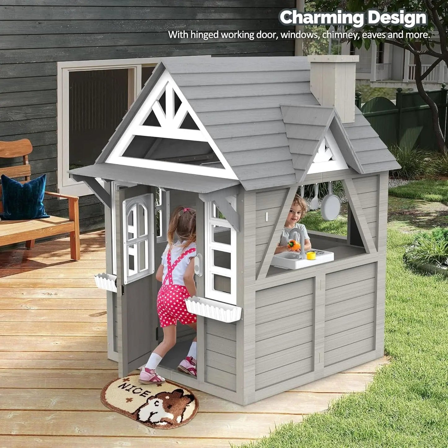 Gray Weatherproof Outdoor Wooden Playhouse With Sink from PriceLows™