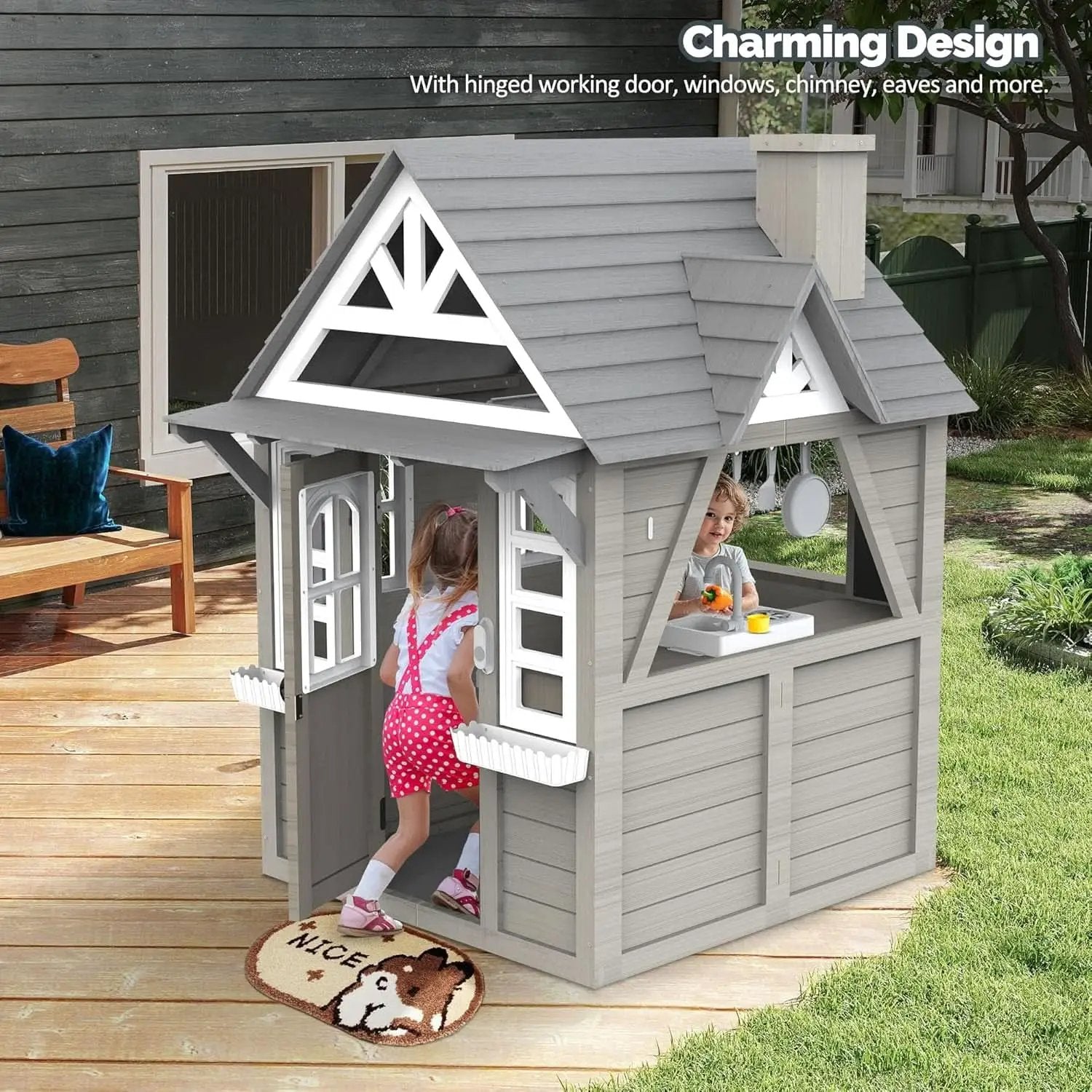 Gray Weatherproof Outdoor Wooden Playhouse With Sink from PriceLows™