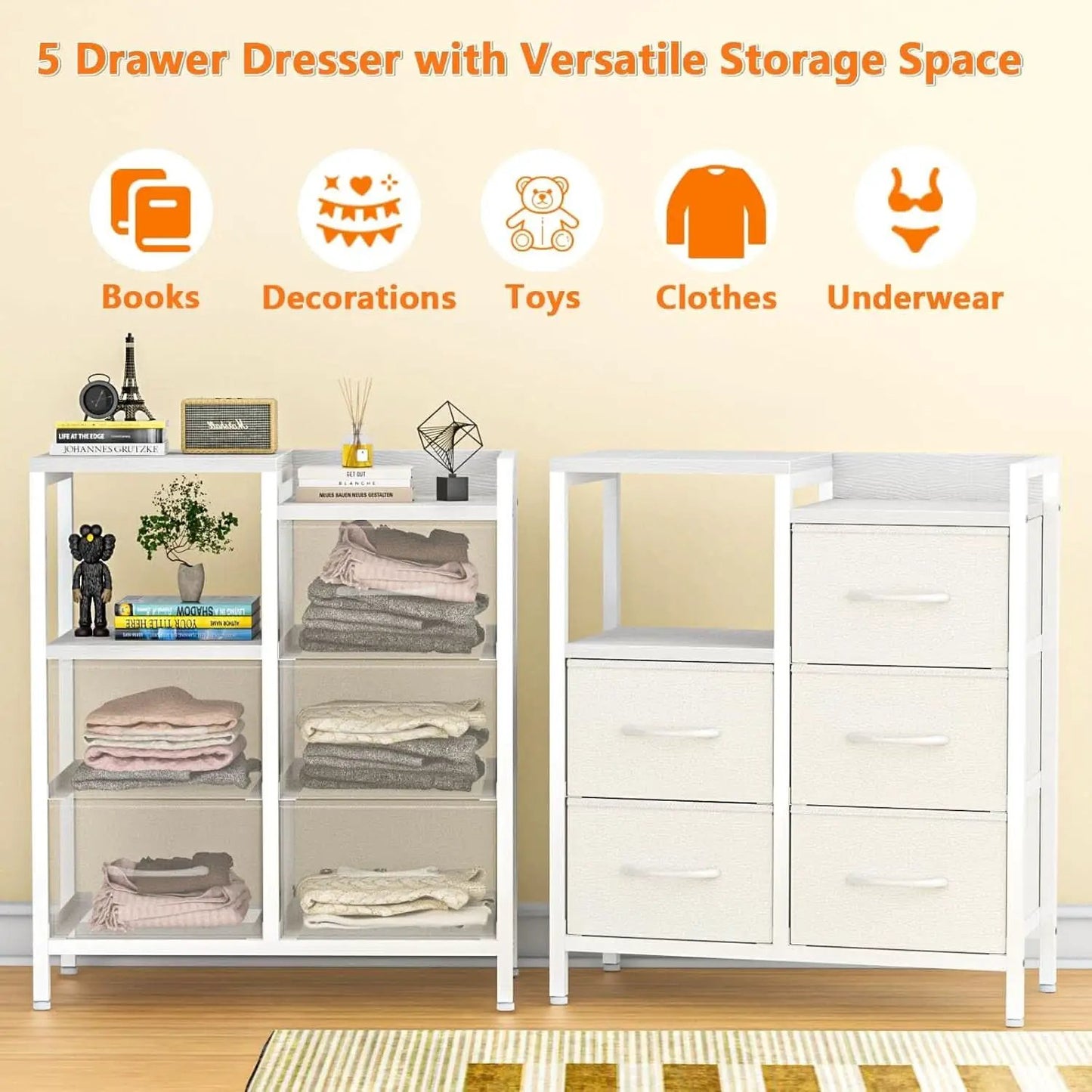 White 5 Drawer Dresser With Metal Frame Bedroom Storage from PriceLows™