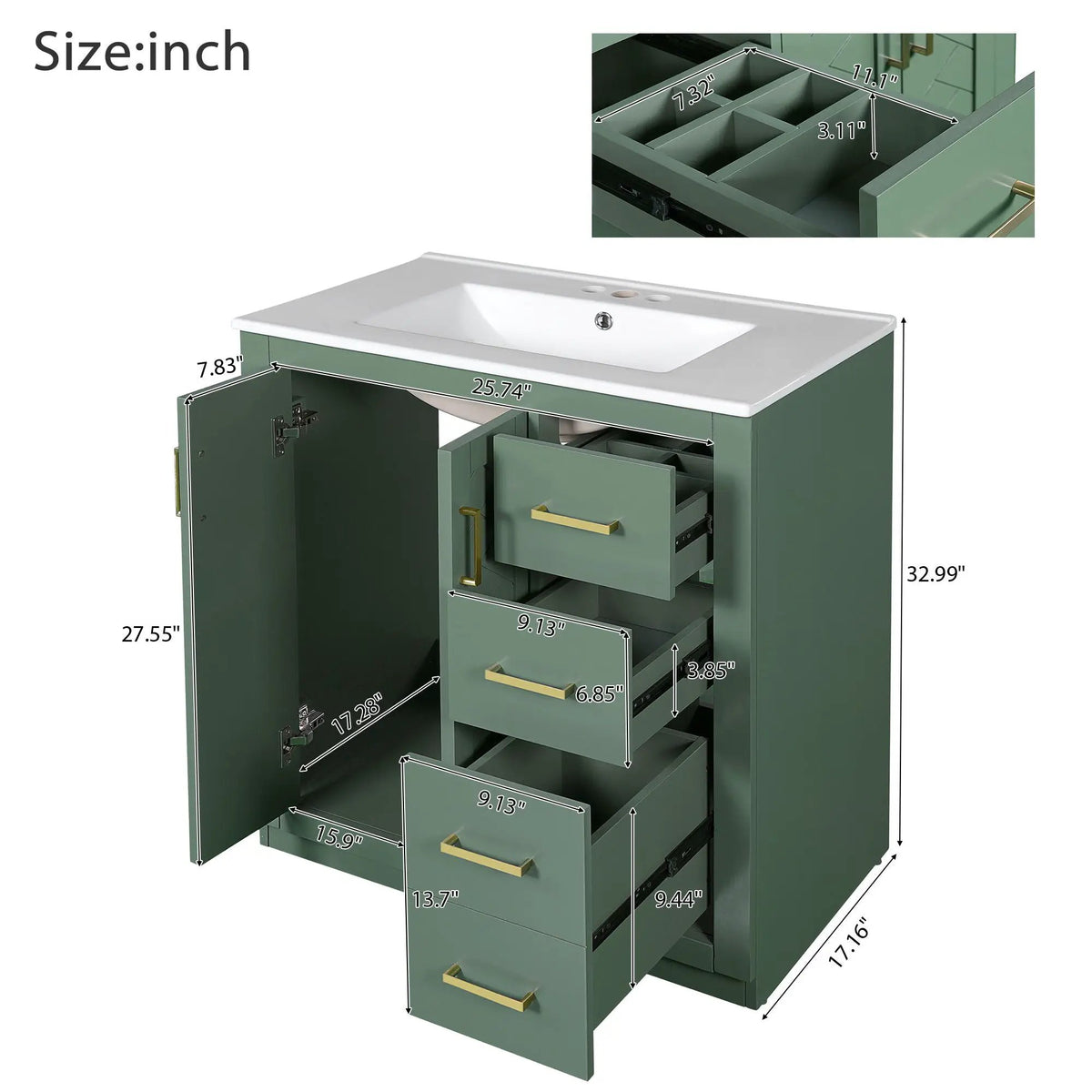 30 Inch Bathroom Vanity | Freestanding Set | 3 Drawers | Solid Wood Frame