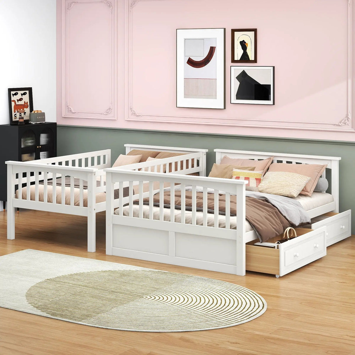Bunk Bed With Drawers | Convertible Storage Design | Solid Pine Wood | Fence-Shaped Guardrail