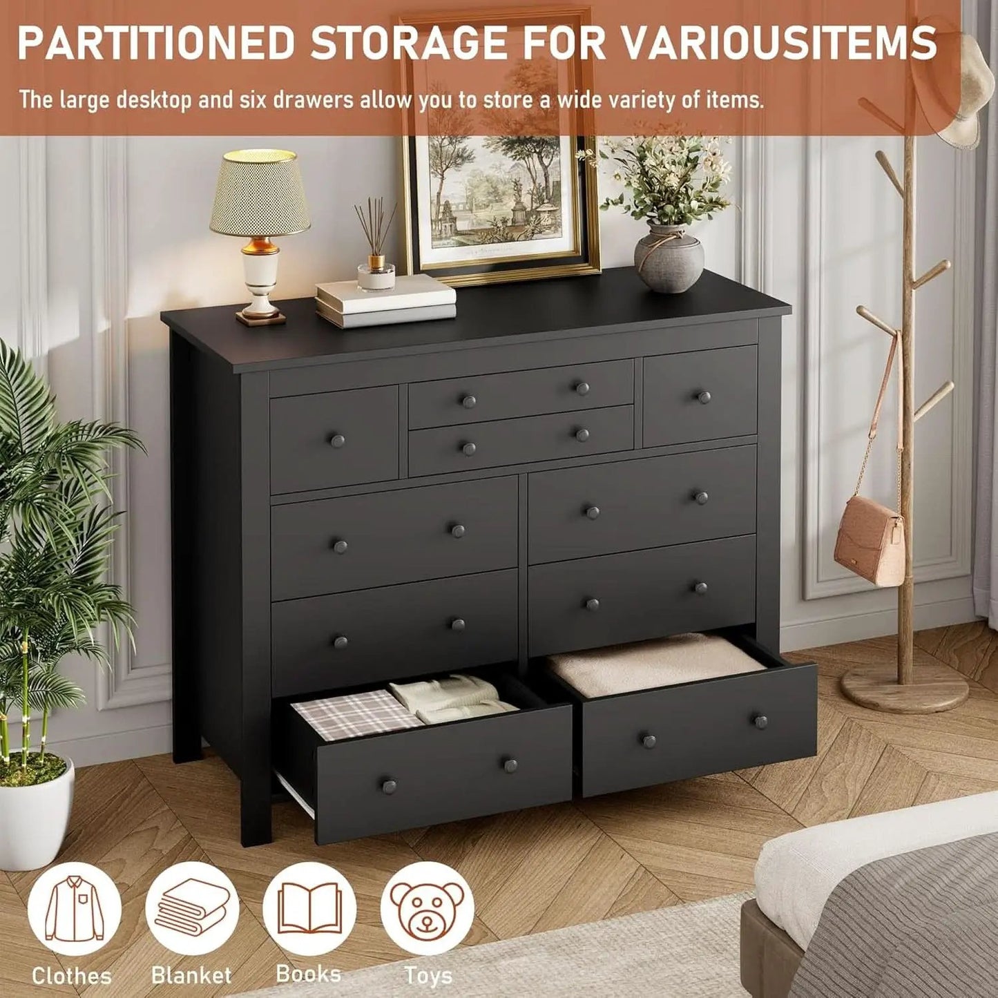 Ten Drawer Premium Hardwood Dresser Walnut Finishing from PriceLows™