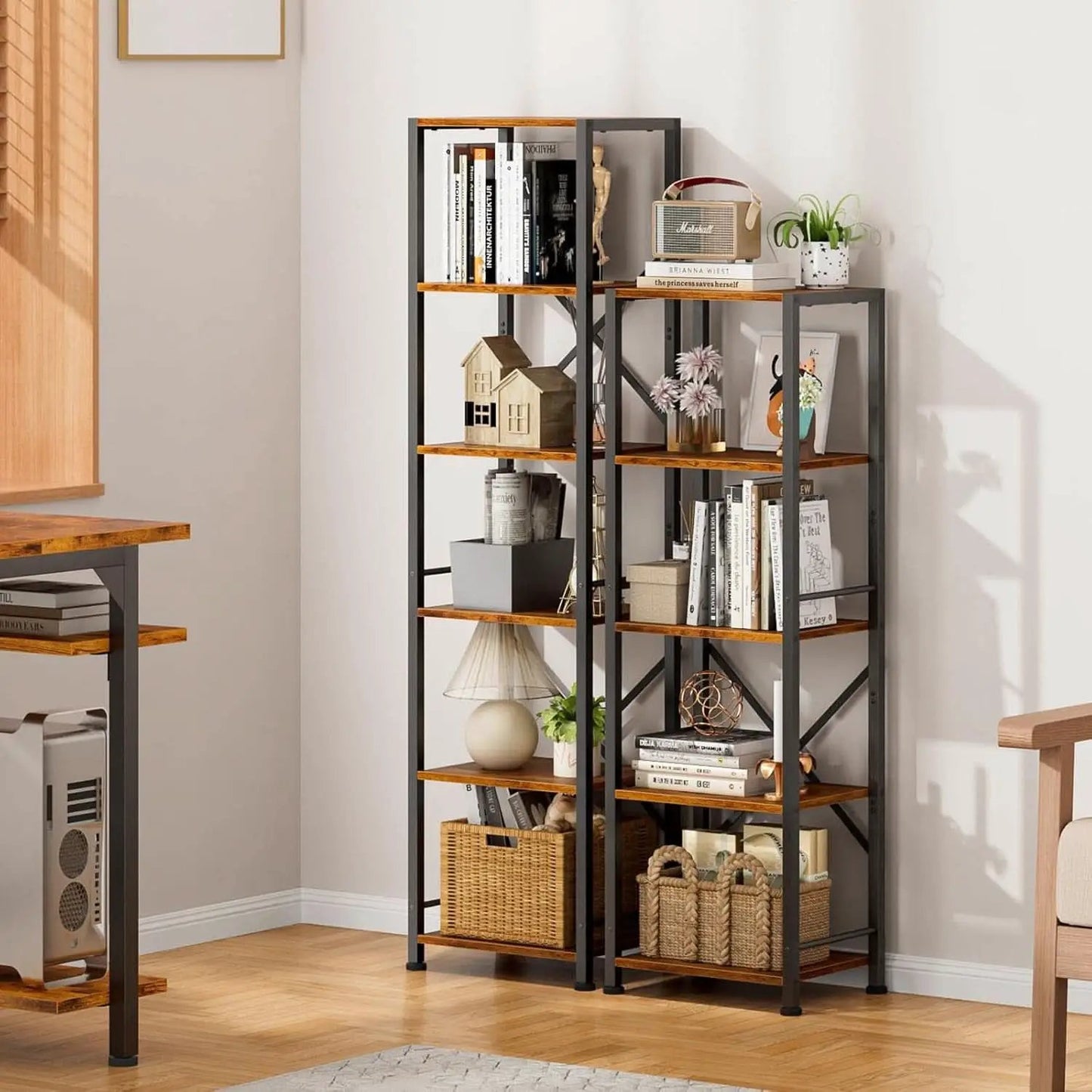 Tall Industrial Bookcase 6 Tier Rustic Brown Storage from PriceLows™