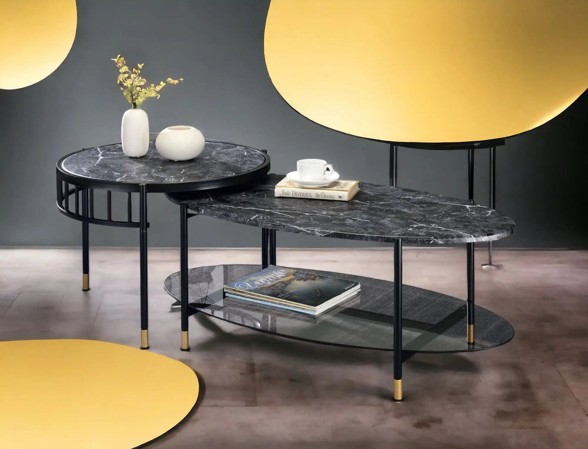 Silas Nesting Table Set | Black | Engineered Stone Top | Oval Coffee Table With Lower Shelf