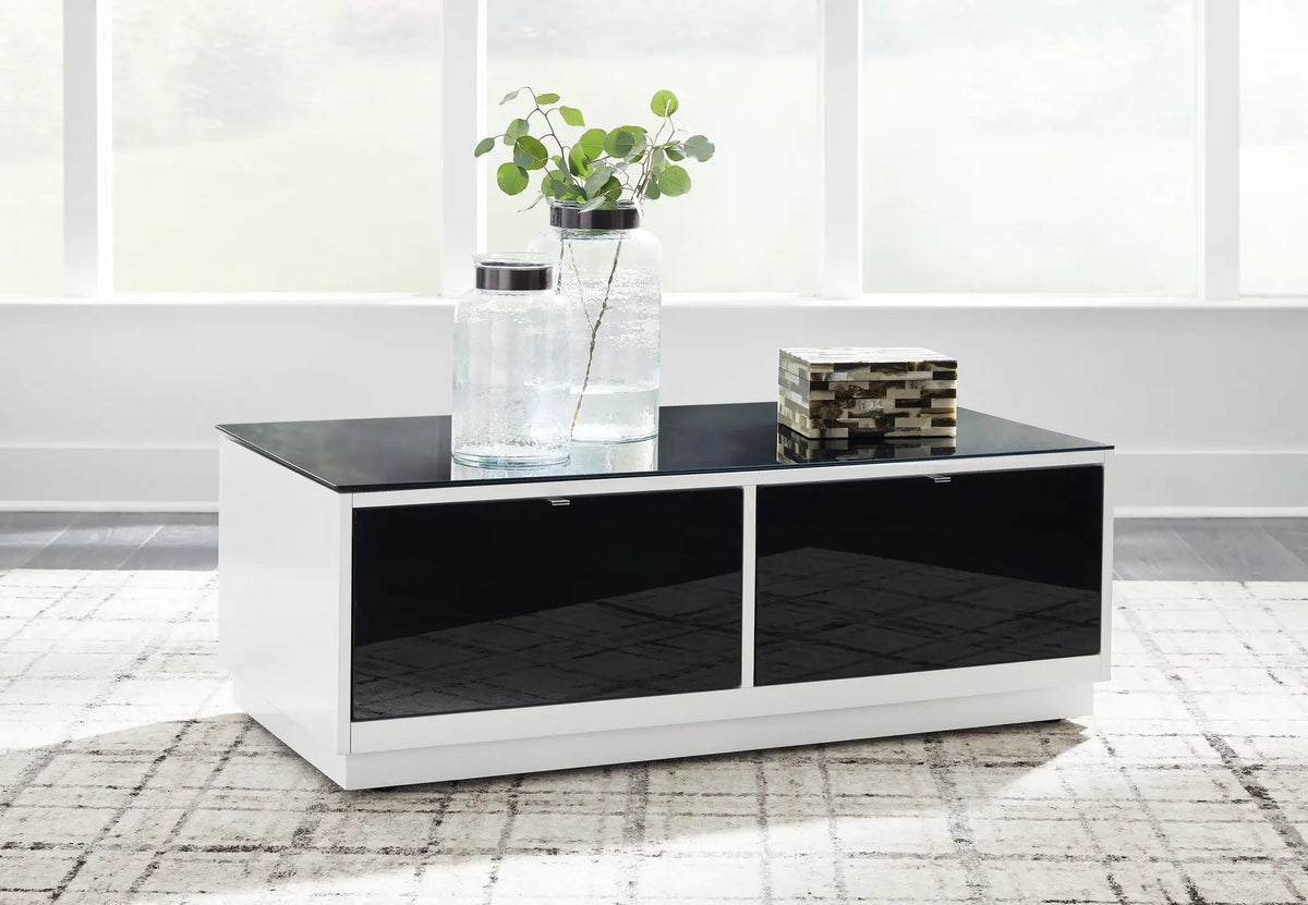 Gardoni Rectangular Cocktail Table | White And Black | Two Drawers | 47.25 Inch Width