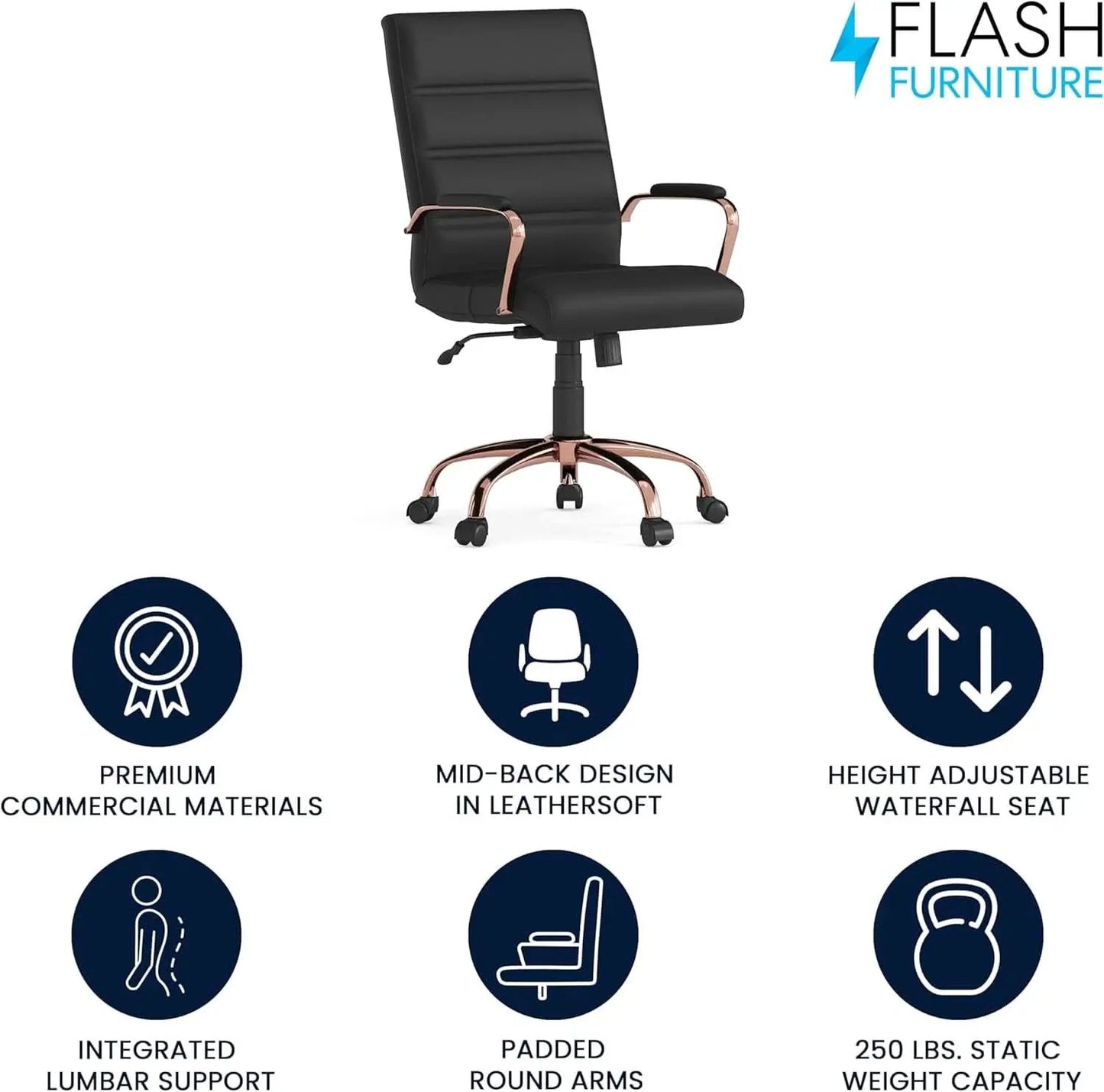 Whitney Mid Back LeatherSoft Desk Chair With Adjustable Height Black Rose Gold from PriceLows™
