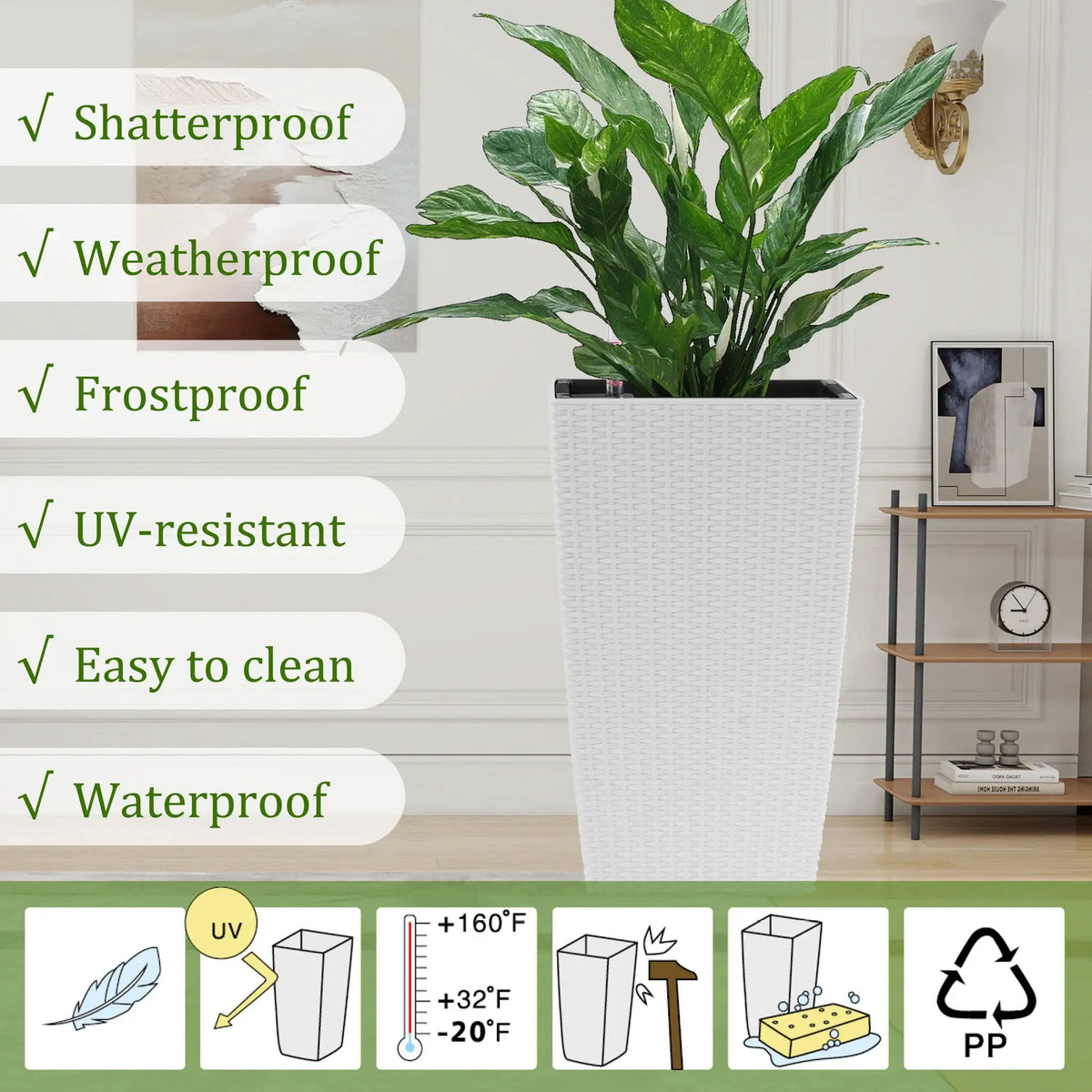 Square Planter | Automatic Watering | Dual Reservoir | Set of 2 White