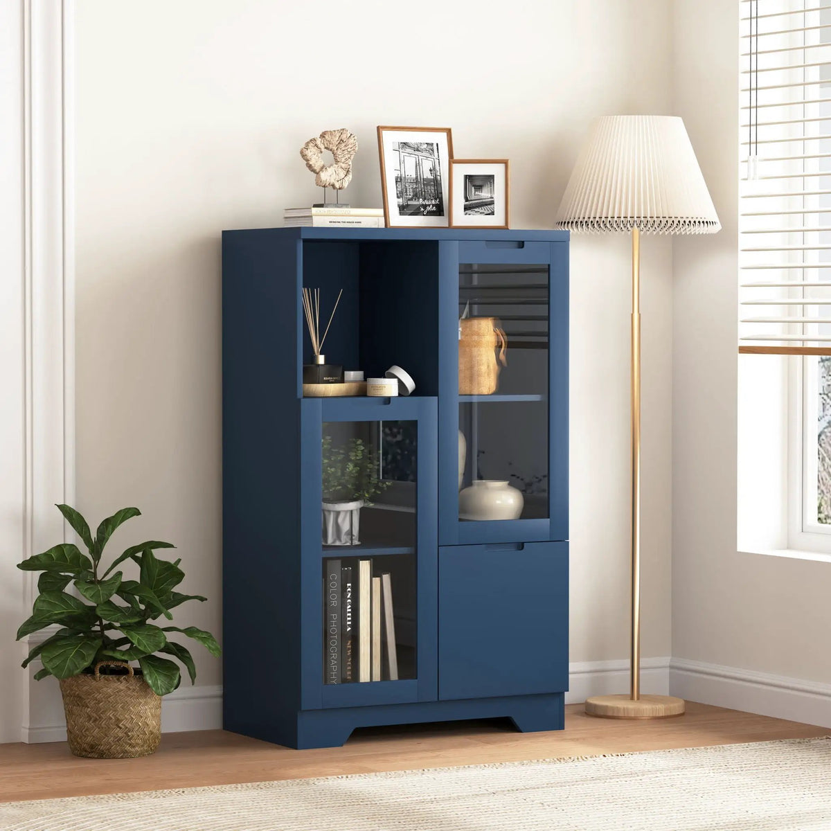 Modern Storage Cabinet | Adjustable Shelves | Double Glass Doors | Gray