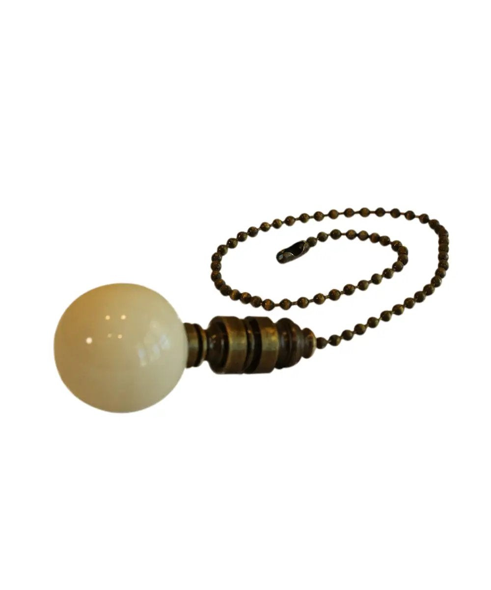 Ceiling Fan Pull | Ceramic Ivory Ball | 12 Inch Antiqued Brass Chain