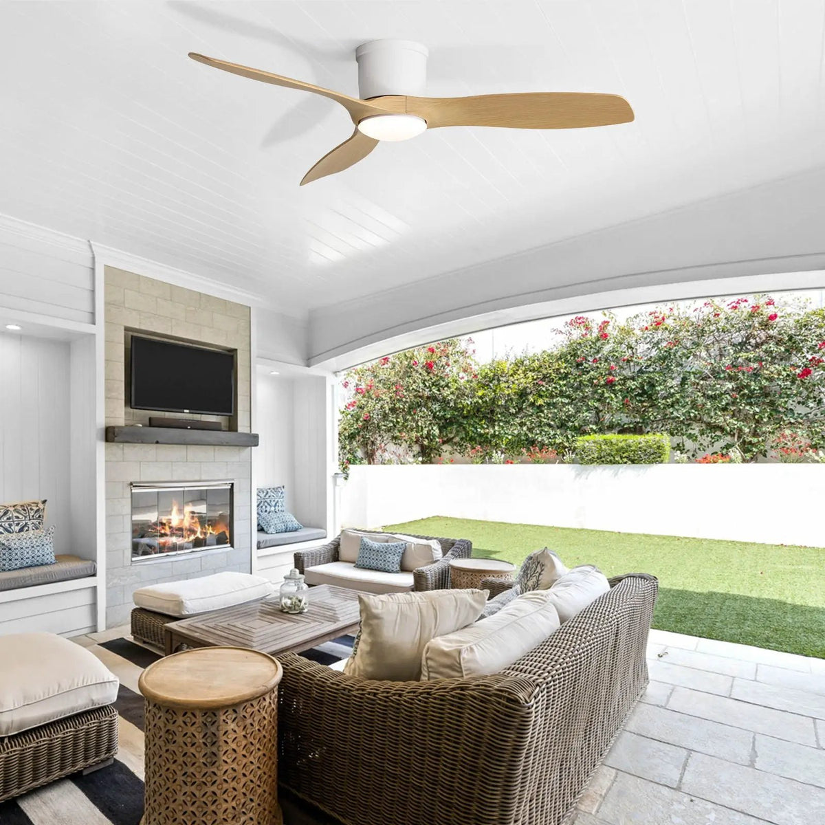 Flush Mount Ceiling Fan | 52 Inch Span | Dimmable LED Light | 3 Blades Reversible DC Motor