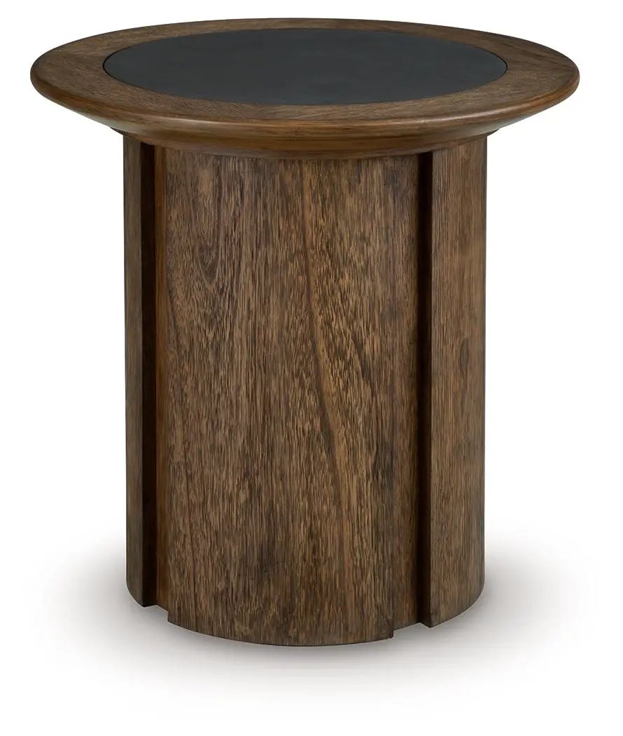 Dontayne Round End Table | Faux Cement Top | Warm Wood-Tone Finish | 24 Inch Diameter