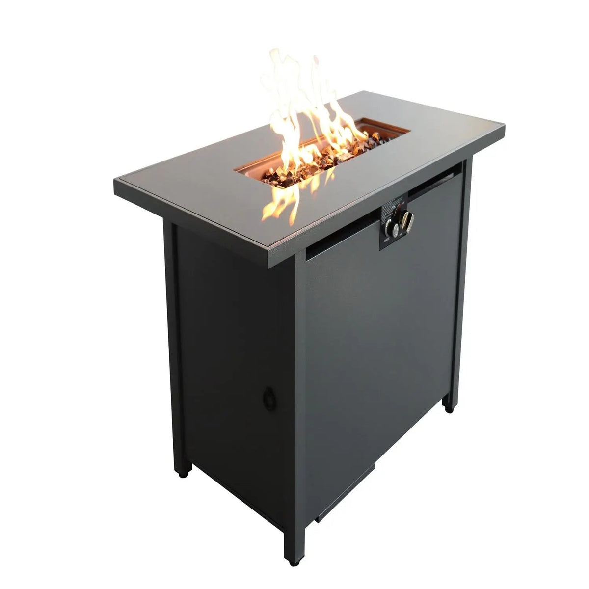 Black Fire Pit Table | Smoked Glass Top | Deck Safe | Push-Button Ignition