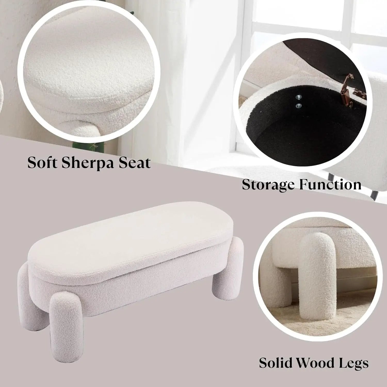 44.7-Inch White Boucle Upholstered Storage Ottoman Bench from PriceLows™