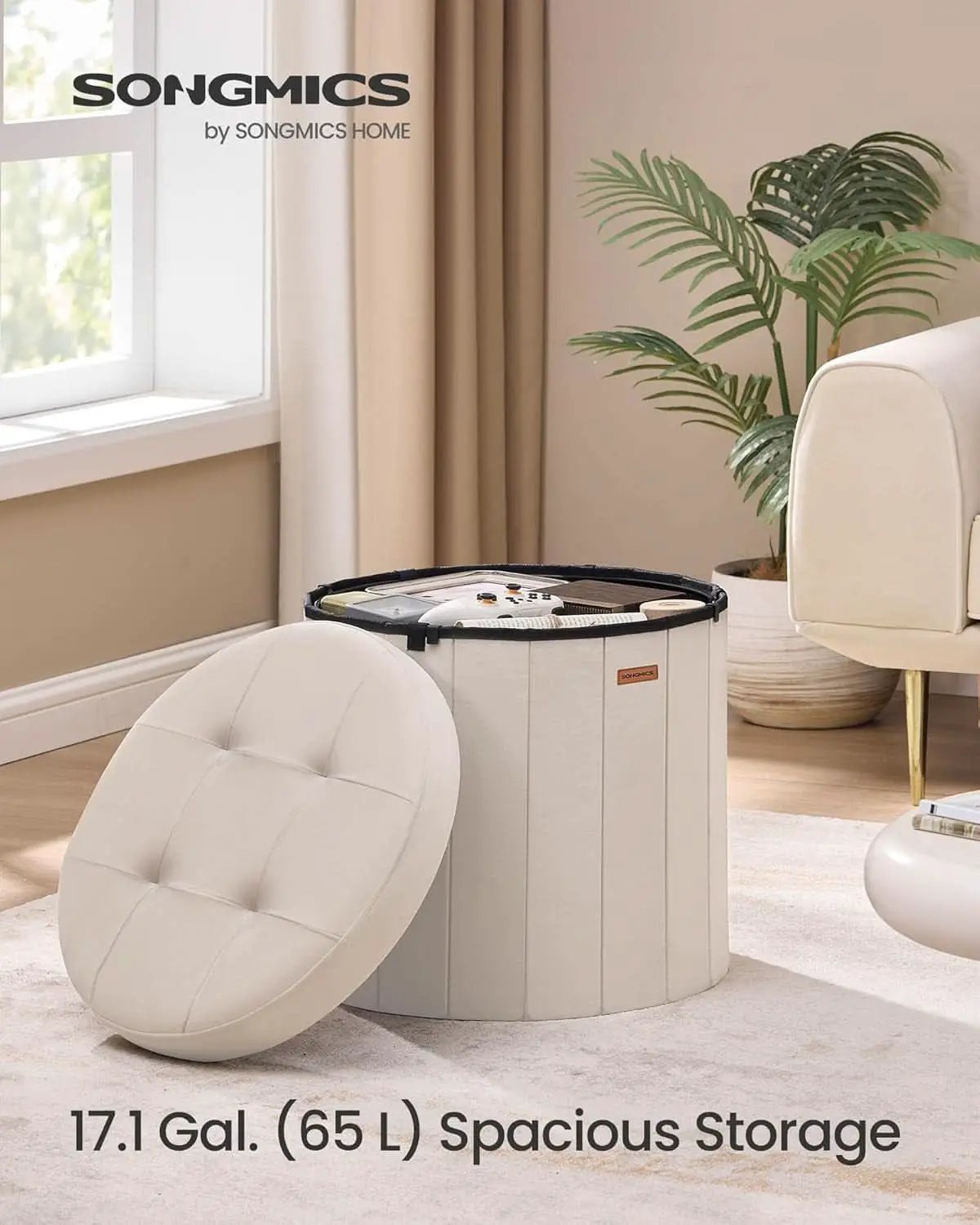 Round Folding Storage Ottoman Cappuccino Beige Velvet from PriceLows™