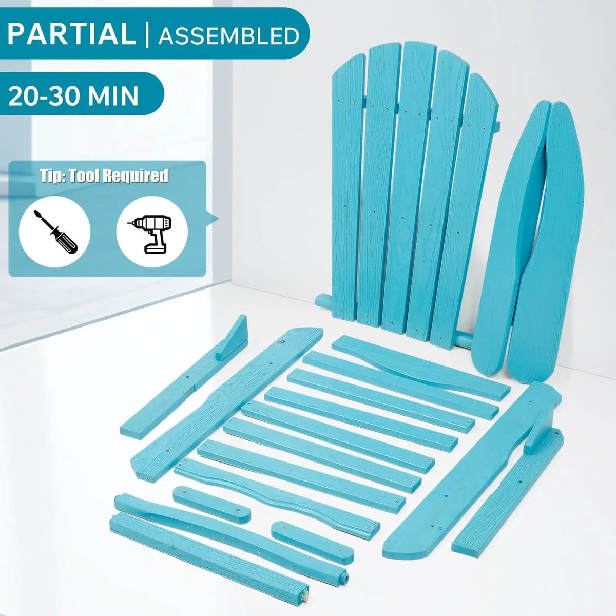 Outdoor Folding Adirondack Chair Patio With Natural Grain Texture Turquoise | 31 x 28 x 36 in | Solid Wood & Hemlock | Blue