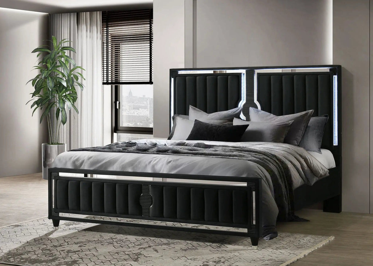 Ravenne Velvet Upholstered Eastern King LED Panel Bed | 78.75 x 89 x 61 in | Engineered Wood & Velvet | Black