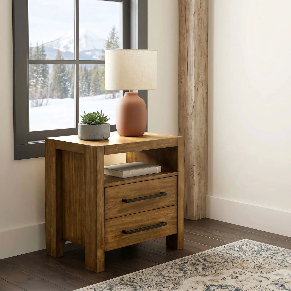 Adderley 2-drawer Nightstand Bedside Table Warm | 25.5 x 17 x 26 in | Solid Wood & Rubberwood | Brown