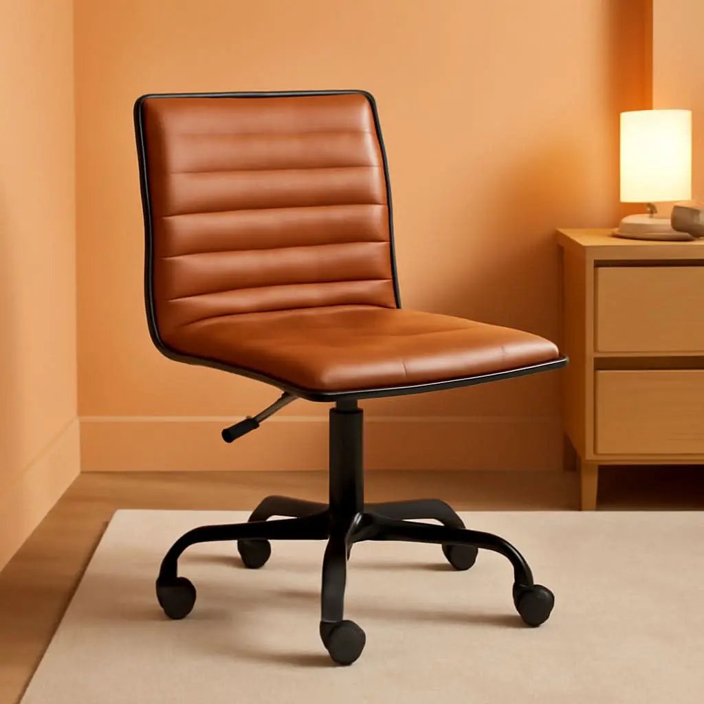 Low-Back Ribbed Upholstered Vinyl Swivel Desk Chair, Brown, Adjustable Height from PriceLows™