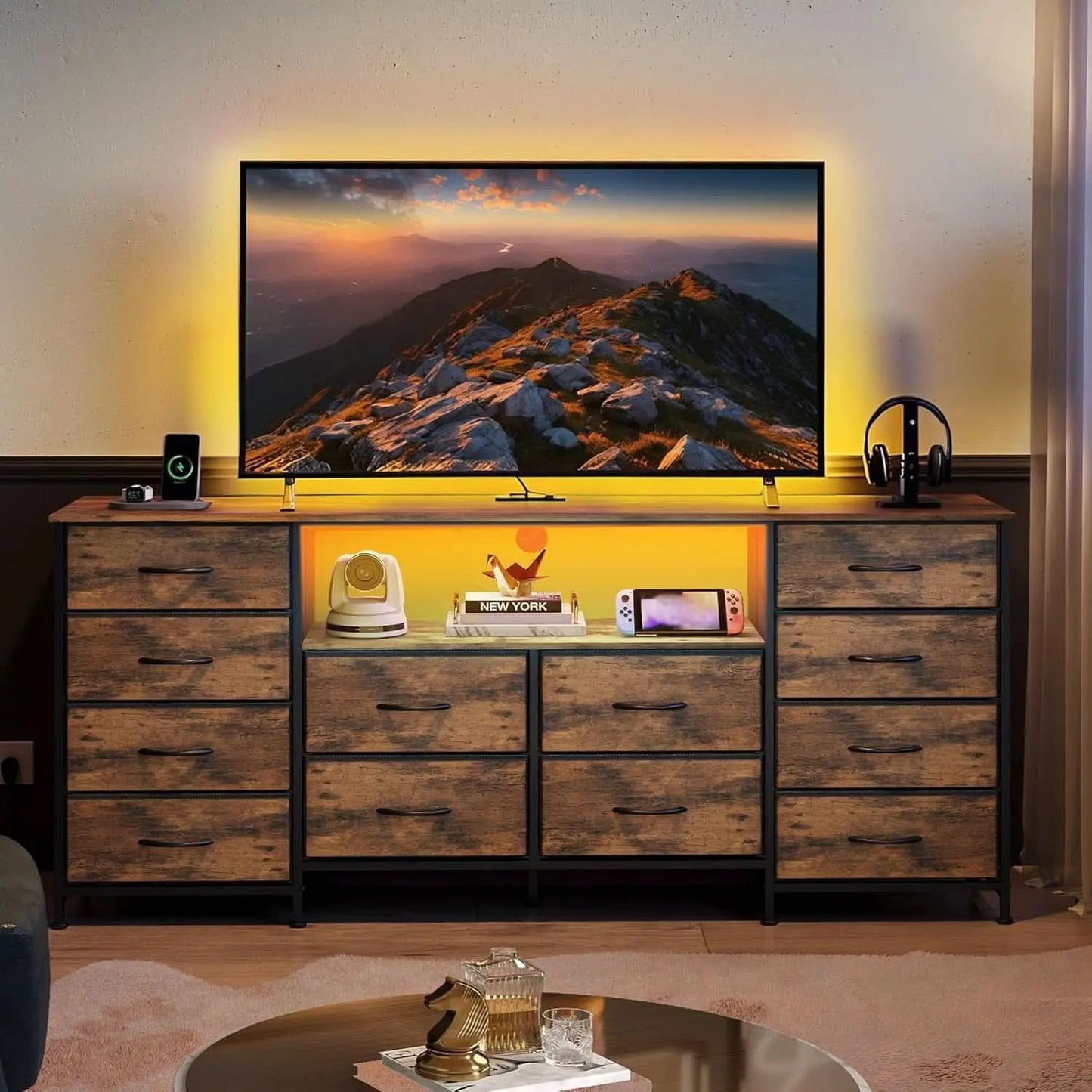 Twelve Drawer Dresser LED TV Stand Rustic Brown Finish from PriceLows™
